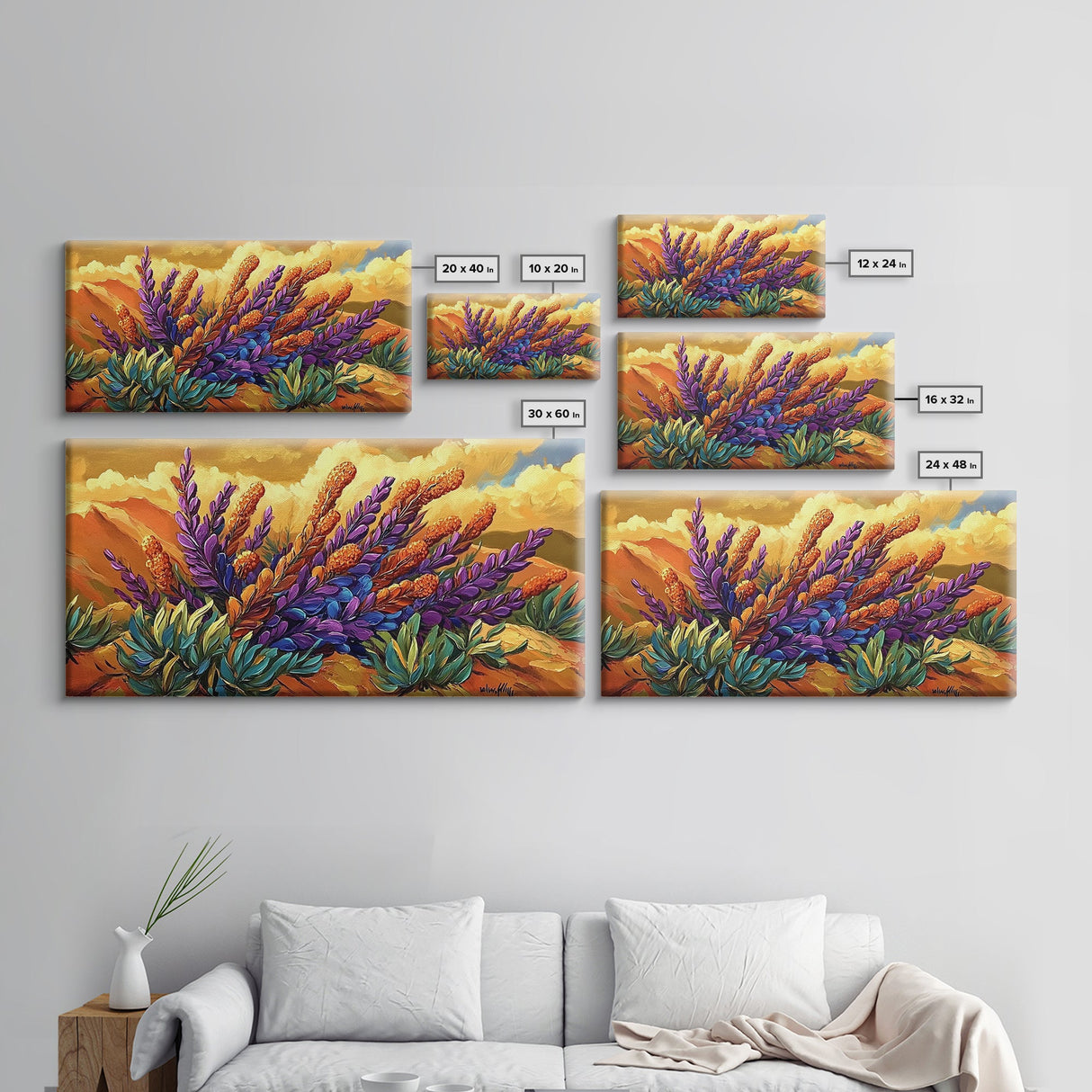 Lavender Bloom, Desert, Hillside, Framed Canvas Print Vibrant floral wall art, southwest boho style, Autumn art, hallway decor