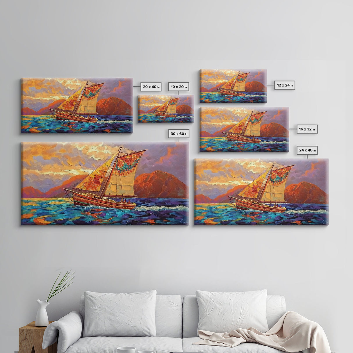 Sailboat Sunset, Ocean, Adventure, Framed Canvas Print Nautical coastal wall art, colorful seascape, bold living room decor
