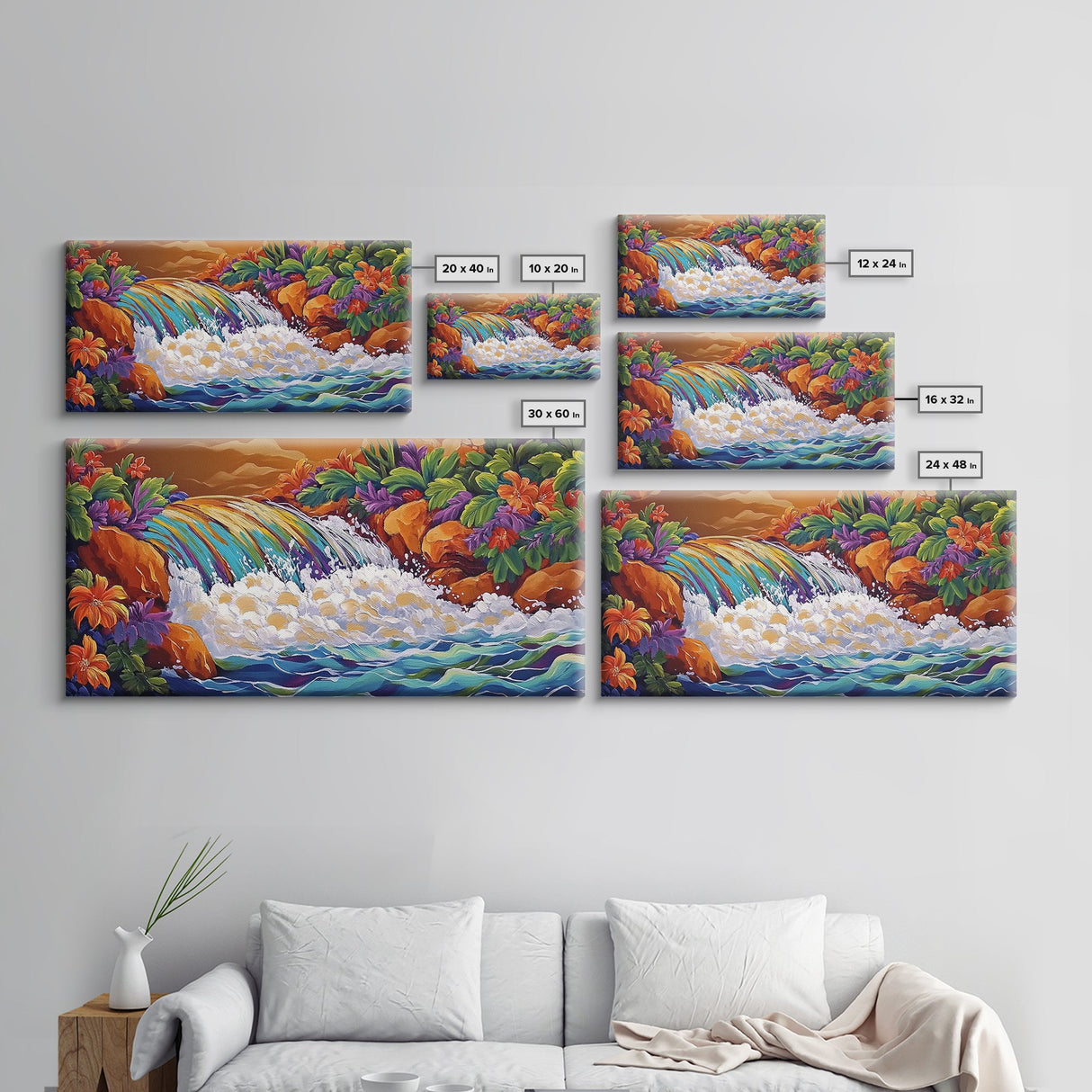 Rainbow, Waterfall, Jungle, Sunset, Framed Canvas Print Tropical boho art, bathroom art, living room decor, floral nature painting