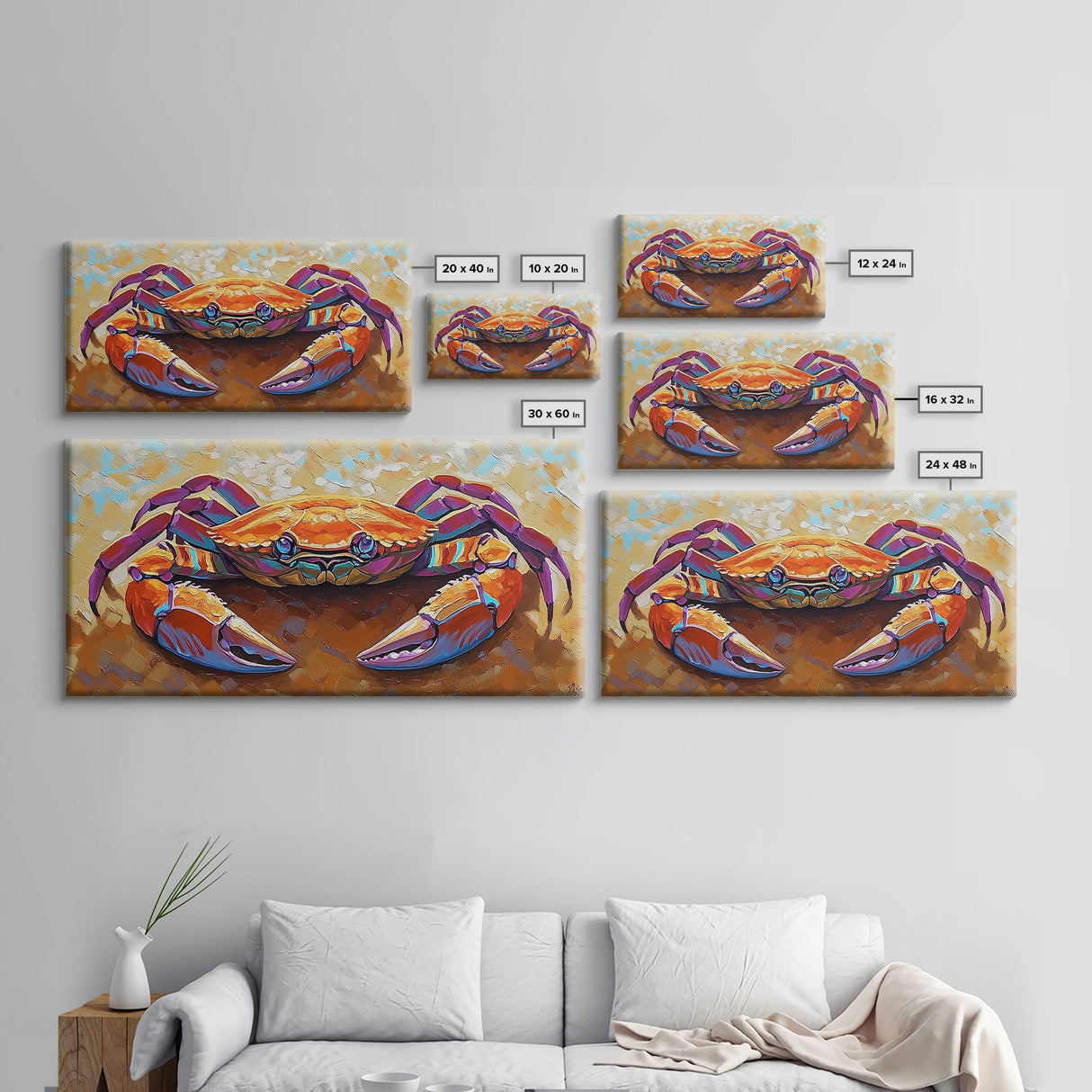 Crab Beach, Bold, Colorful, Coastal Sea Life Framed Canvas Print, Bathroom Wall Art, Nautical Art, Beach House Decor, Ocean Art