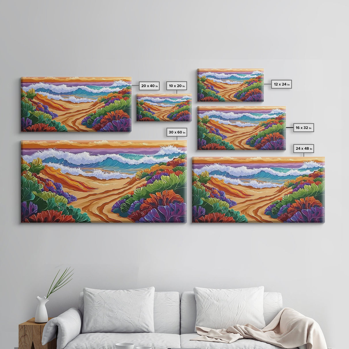 Sunset, Ocean, Trail, Beach, Coastal Sunset Pathway Framed Canvas Print, Bedroom Wall Art, Vibrant Seaside Landscape, Bold Color Decor