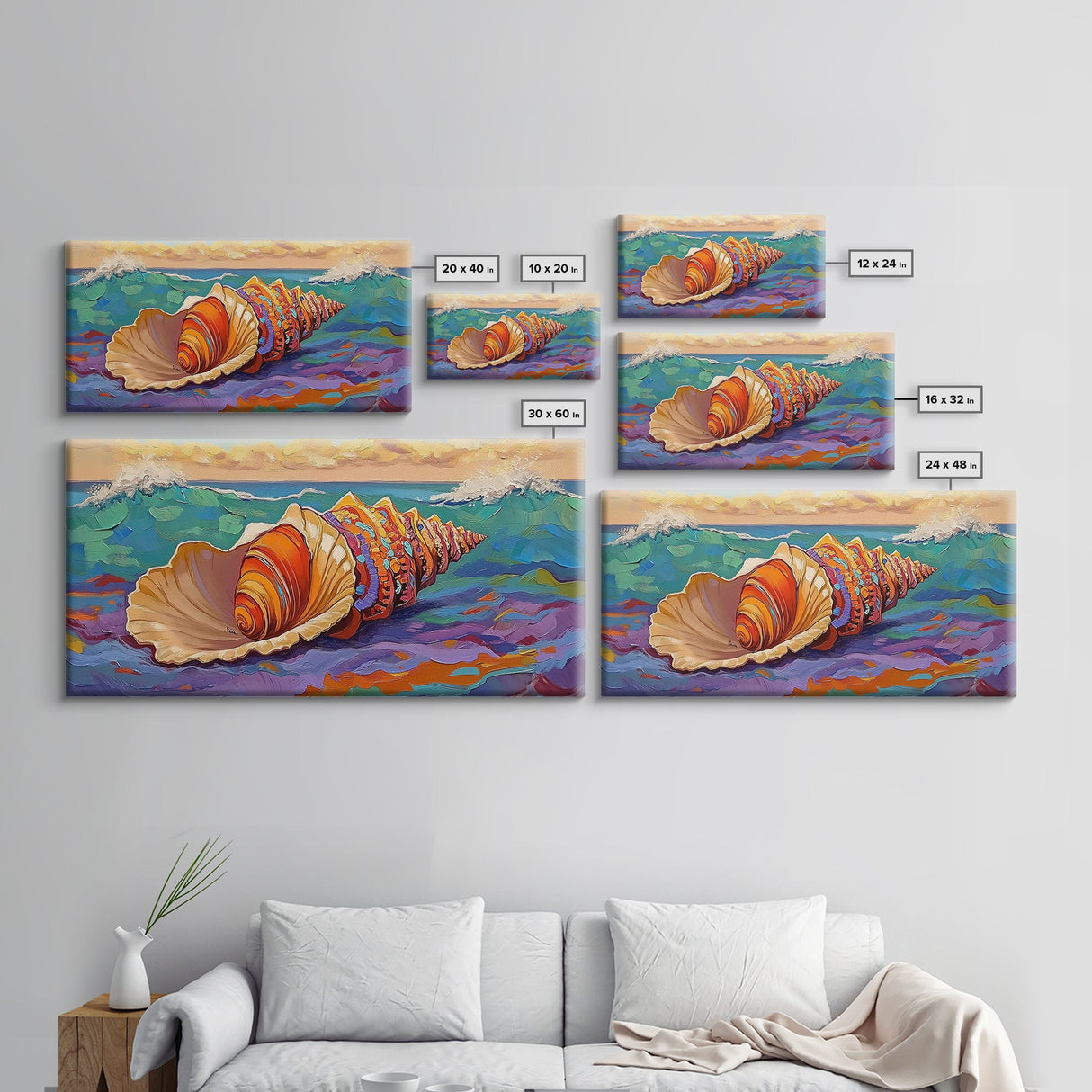 Seashell Ocean, Beach, Canvas Print, Nautical Bathroom Wall Art, Coastal Shell Decor, Vibrant Marine Painting, Seaside Home Style