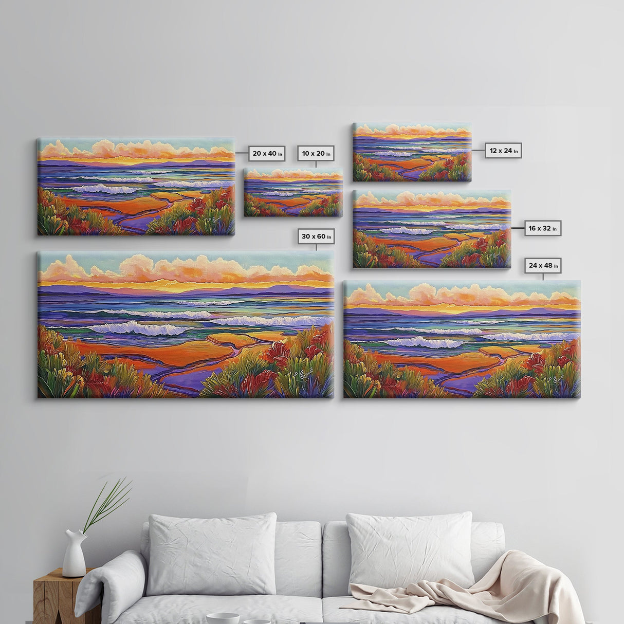 Sunset Ocean, Landscape, Canvas Print, Serene Seascape Painting, Colorful Beach Wall Art, Tranquil Nature Home Decor
