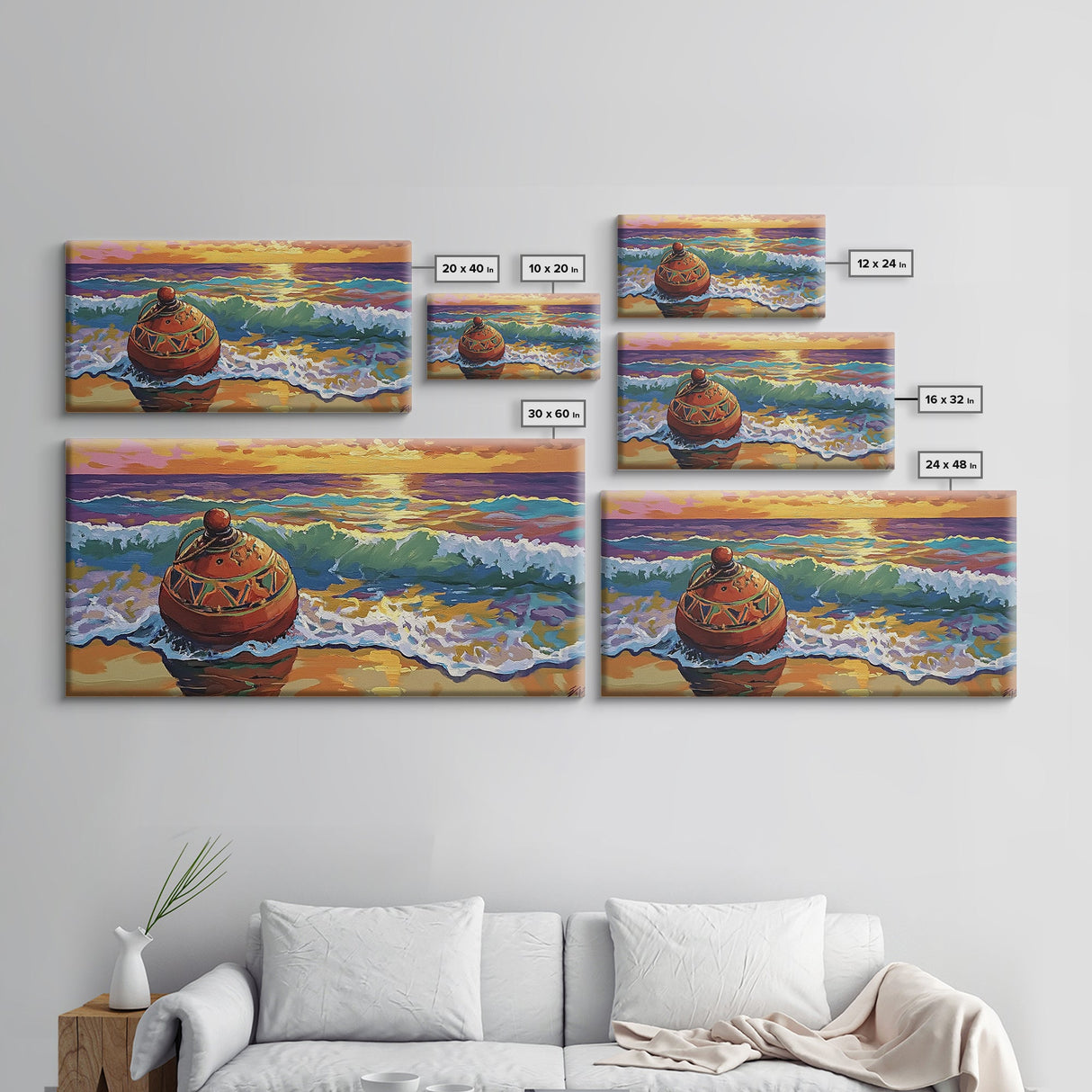 Buoy Shoreline, Sunset, Surf, Sunset Ocean Buoy Canvas Print, Coastal Wall Art, Nautical Theme Living Room, Bold Beach House Fall Decor