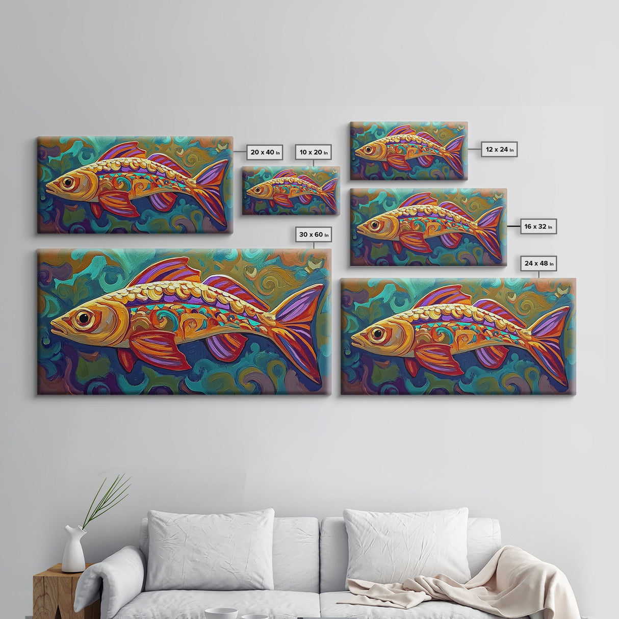 Colorful Fish, Wall, Art, Framed Canvas Print, Boho ocean wall decor, coastal bathroom wall art, whimsical undersea painting kitchen