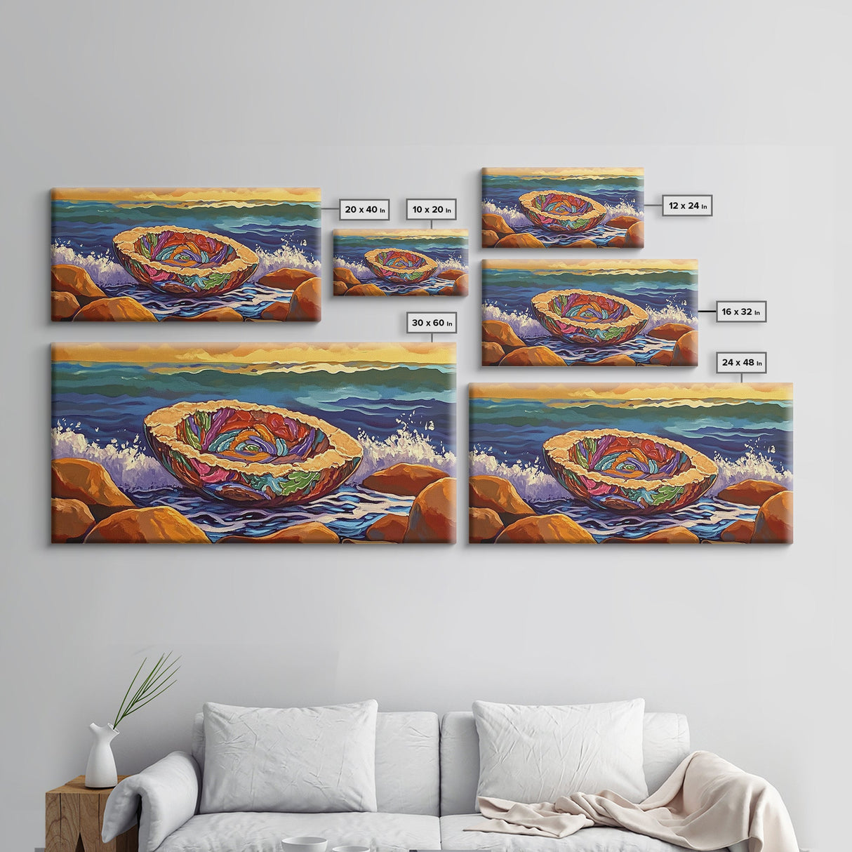 Pan Dulce, Ocean, Rocks, Sea, Canvas Print, Mexican sweet bread wall art, kitchen decor, dessert lover painting, bakery-inspired artwork