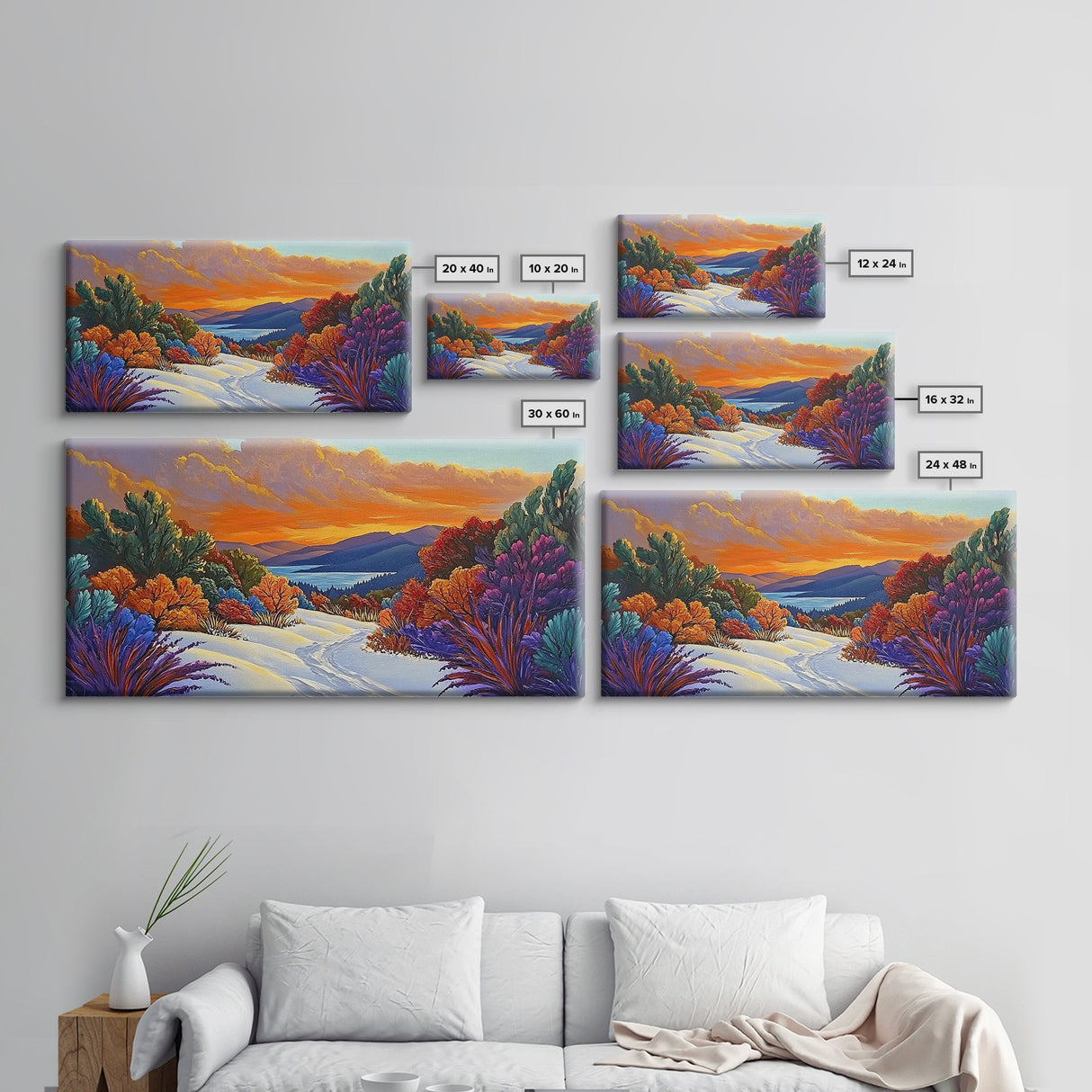Winter Sunset, Lake, Trees, Framed Canvas Print, Autumn cabin wall art, colorful landscape living room decor, mountain snow painting