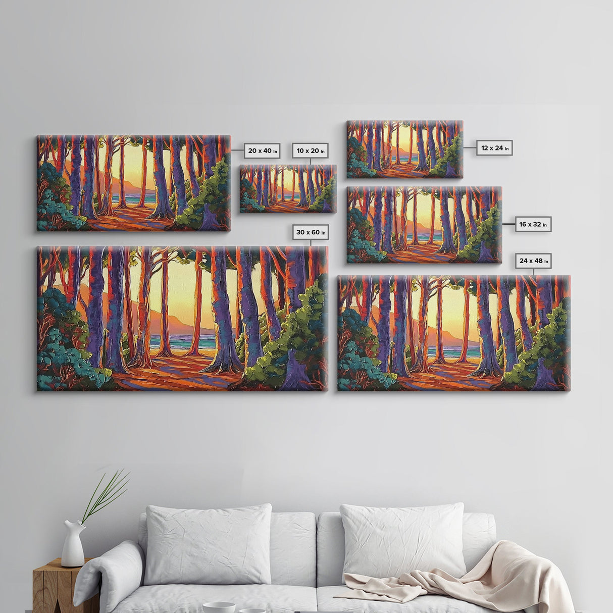 Trees Forest, Ocean, Sunset, Coastal Forest Path Framed Canvas Print, Nature Lover Wall Art, Cabin Decor, Fall Living Room Art