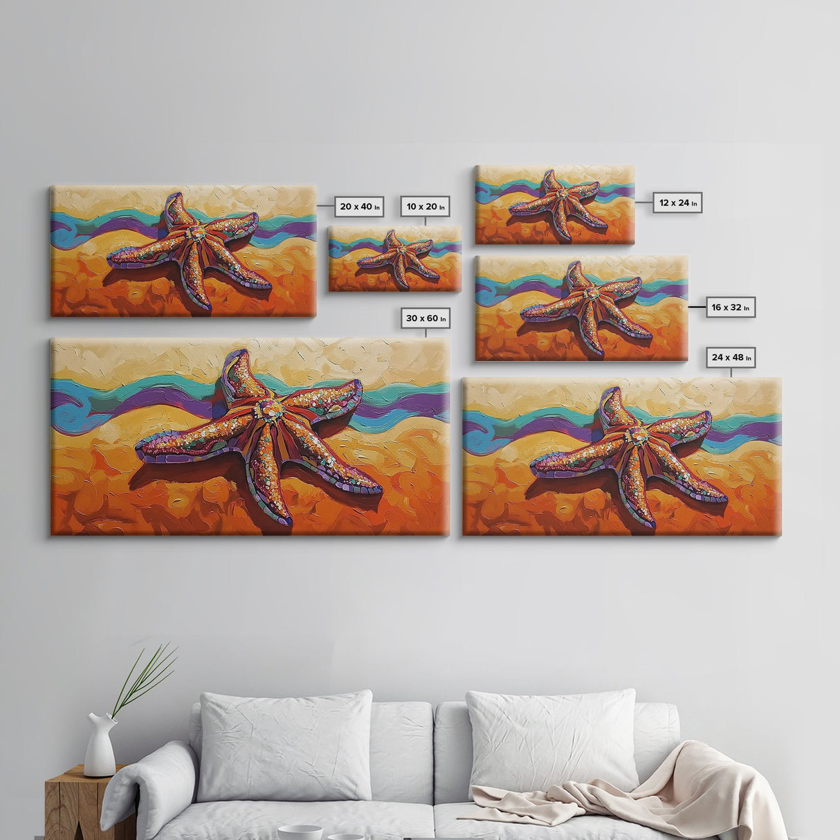 Starfish Beach, Colorful, Textured, Framed Canvas Print, coastal boho decor, ocean theme, beach house bathroom wall art