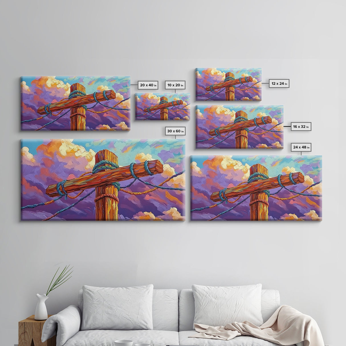 Wooden Pole, Nautical, Rope, Clouds, Framed Canvas Print, Rustic Coastal Art, Bathroom Wall Decor, Ocean-Inspired, Beach House Style