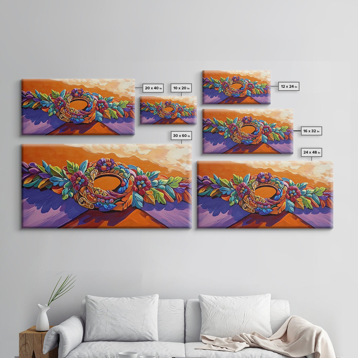Wreath Orange, Floral, Framed Canvas Print, Bright Floral Crown Wall Decor, Whimsical Art Style, Bohemian Bedroom Artwork