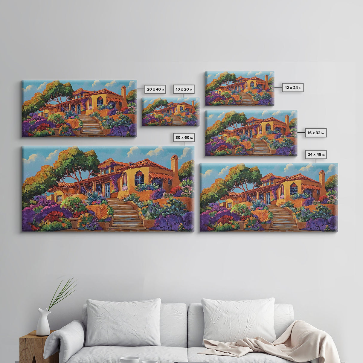 Villa Garden, Adobe, Colorful, Framed Canvas Print, vibrant Mexican villa wall art, blooming flowers, southwestern kitchen décor