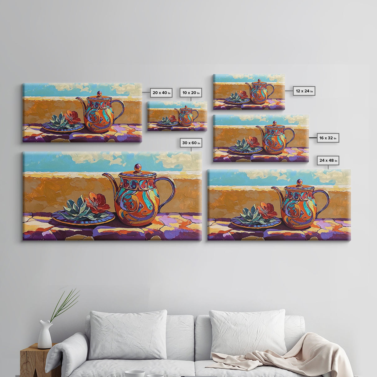 Teapot Patio, Desert, Ceramic, Framed Canvas Print, bold desert teapot art, colorful Mexican pottery, sunny outdoor patio wall art