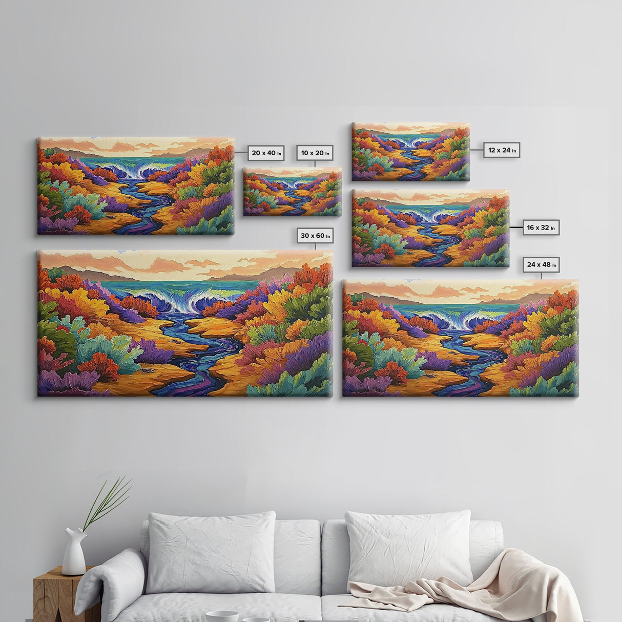 Waterfall, Canyon, Nature, Ocean, Framed Canvas Print, Boho wall art, nature landscape art, vibrant waterfall decor, bathroom wall art