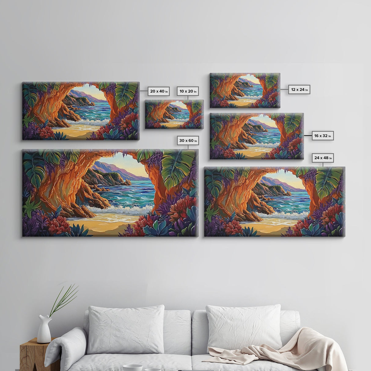 Cave, Beach, Jungle, Ocean, Canvas Print, Coastal jungle scene, tropical beach view, living room or entryway boho wall decor