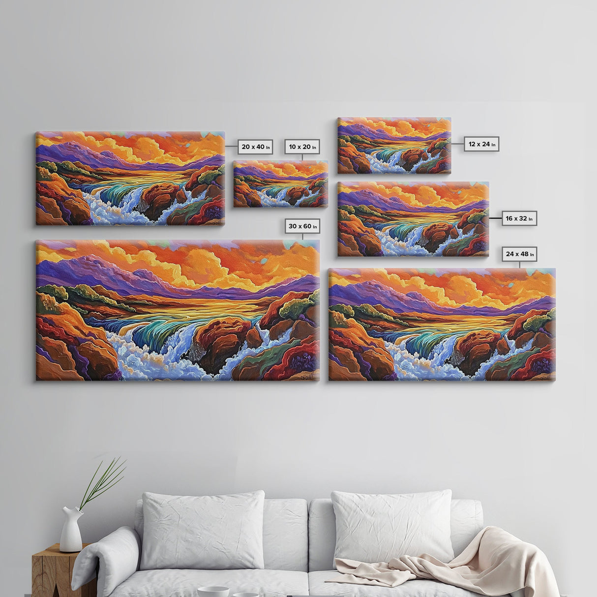 Sunset, Waterfall, Mountains, Autumn, Framed Canvas Print, Mountain sunset wall decor, autumn river art, rustic boho living room art