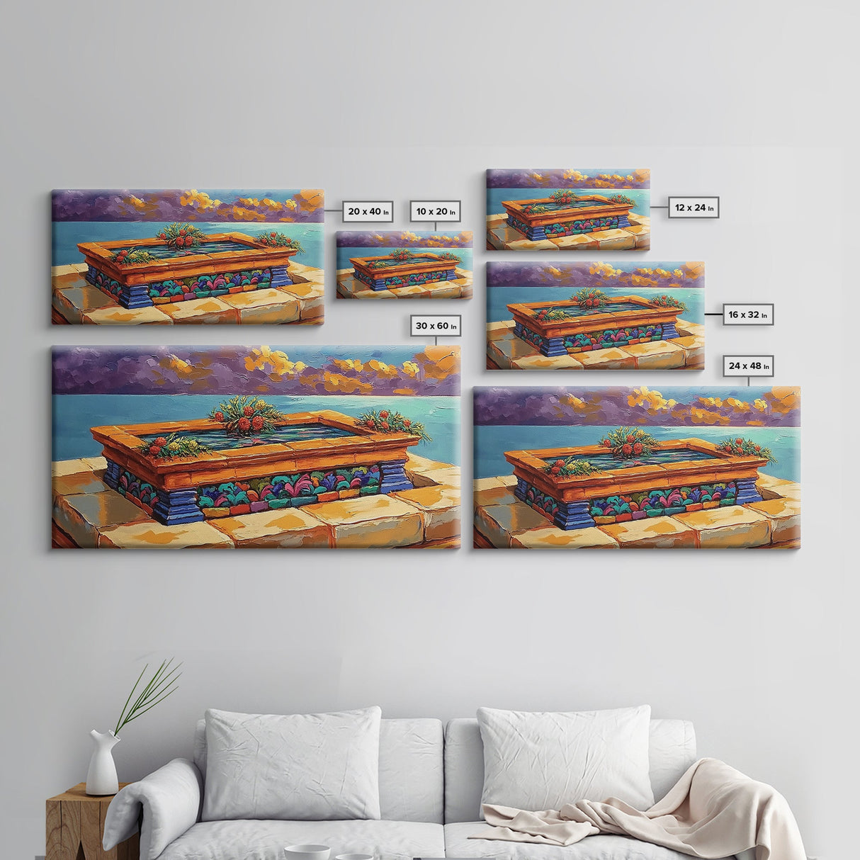 Tile Garden, Water, Feature, Framed Canvas Print Bright terracotta planter wall art, outdoor courtyard or patio decor, folk painting