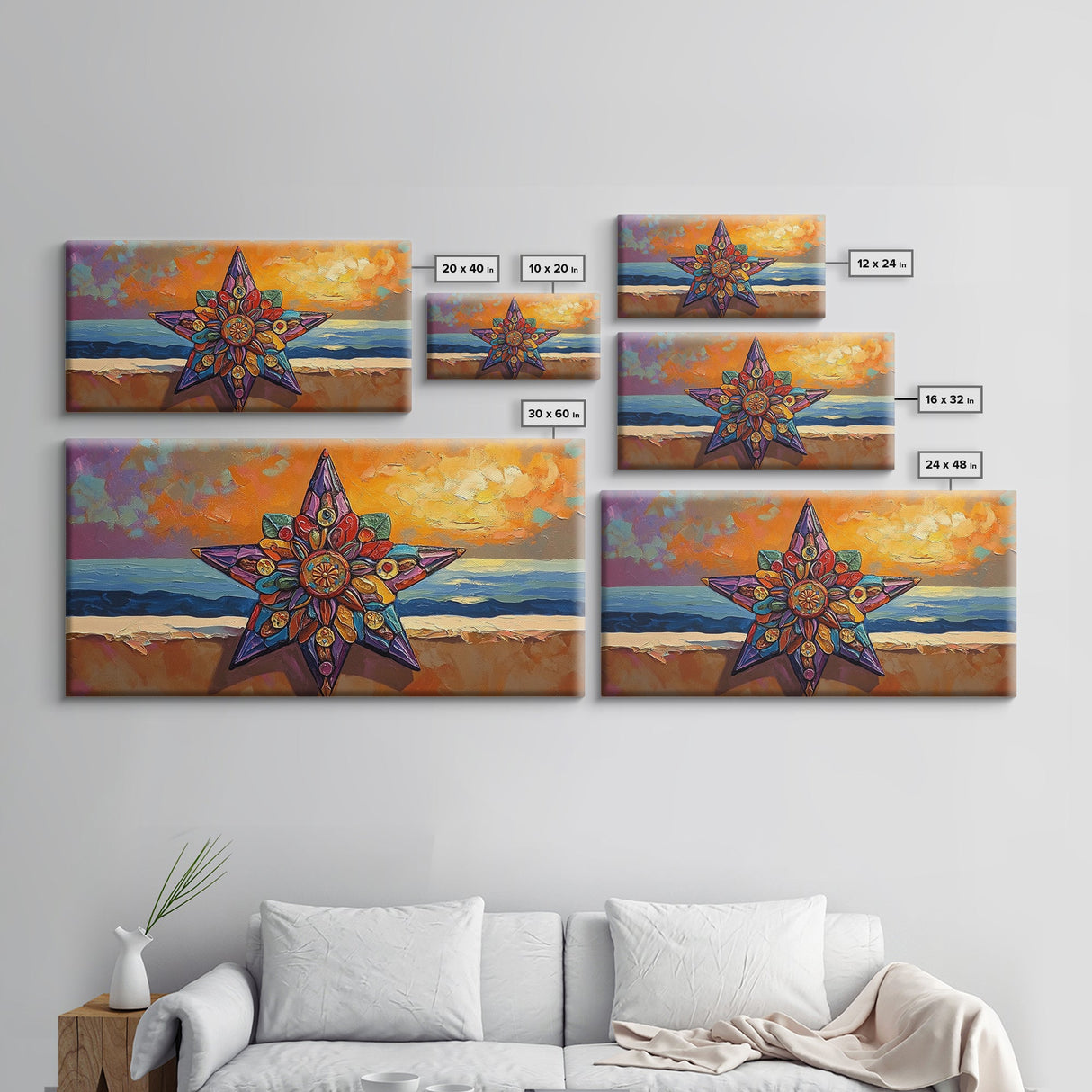 Star Sunset, Ocean, Mandala, Framed Canvas Print vibrant boho wall art, coastal living room decor, sunset mandala beach house artwork