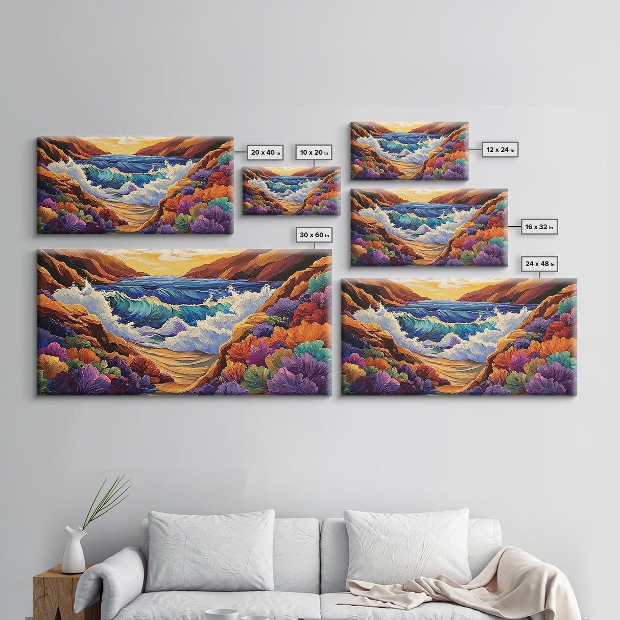 Ocean Sunset, Wave Splash, Framed Canvas Print, colorful crashing waves, rocky coast wall decor, Beach House Wall painting