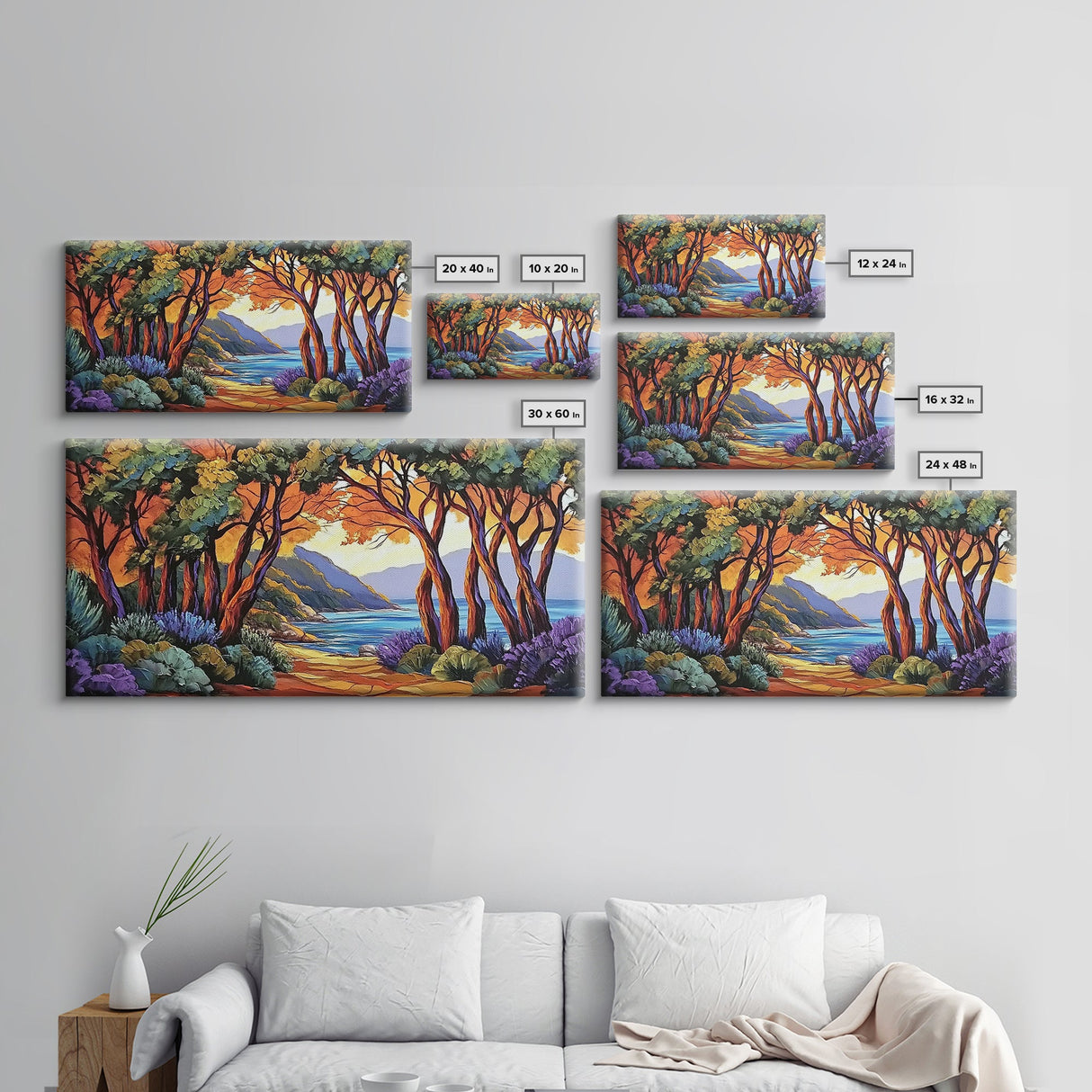 Trees Autumn, Ocean Trail, Canvas Print, Fall landscape, trees leading to ocean view, colorful palette, Living Room Wall Art