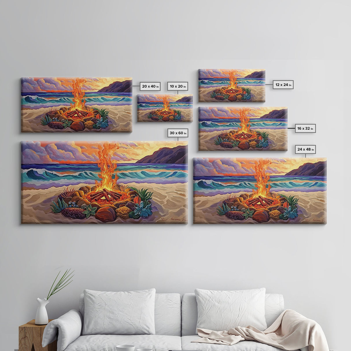 Beach Campfire, Sunset, Tropical Vibes, island evening Canvas Print, fall boho decor, colorful beach firepit living room wall art