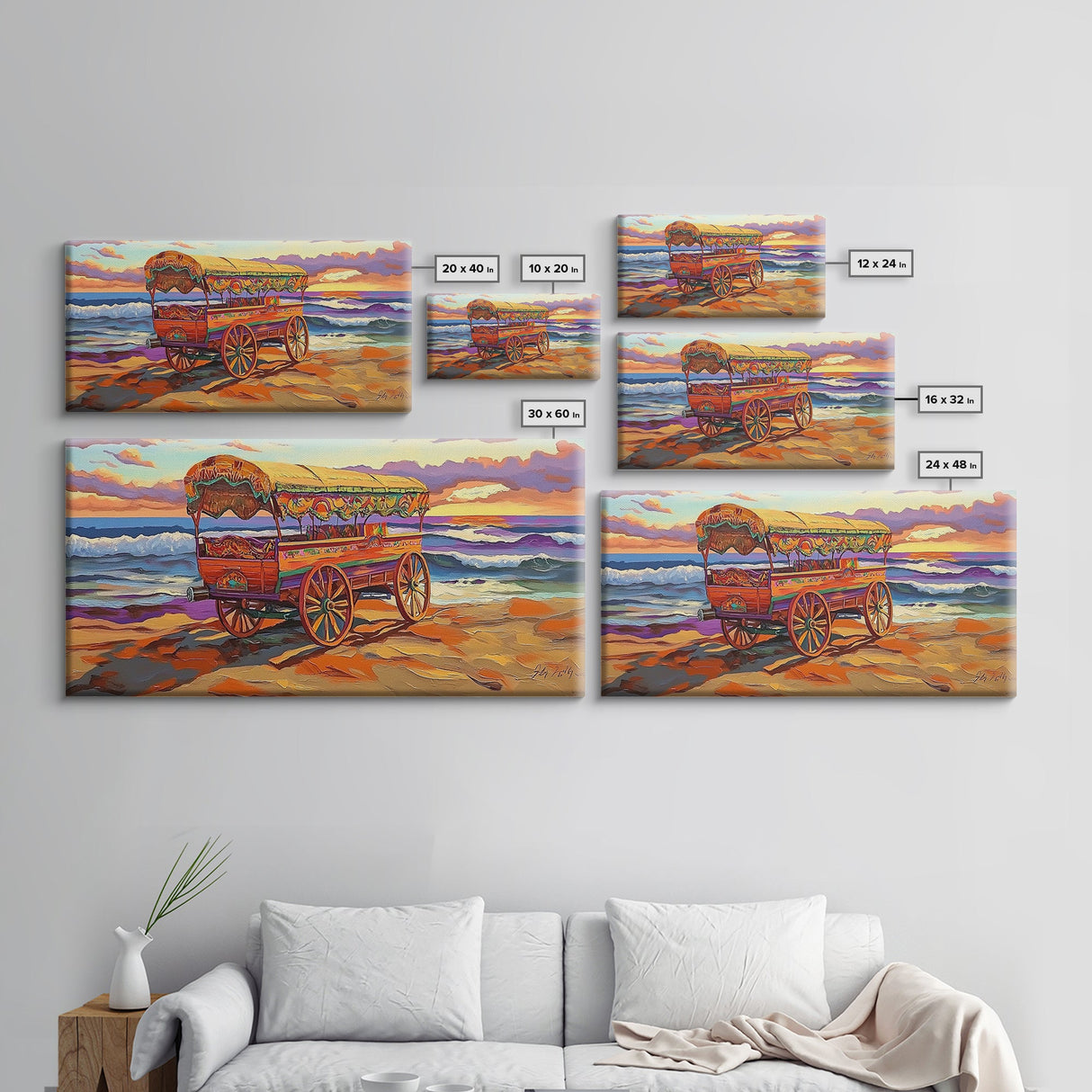 Sunset Beach, Wagon, Vibes, Coastal boho decor, colorful ocean art, Canvas Print, beach house wall art, living room sunset painting