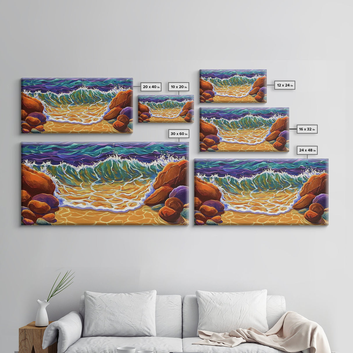 Wave Shoreline, Rocks, Splash, Vibrant ocean wall art, coastal home decor, Canvas Print, bathroom beach art, bold seascape painting
