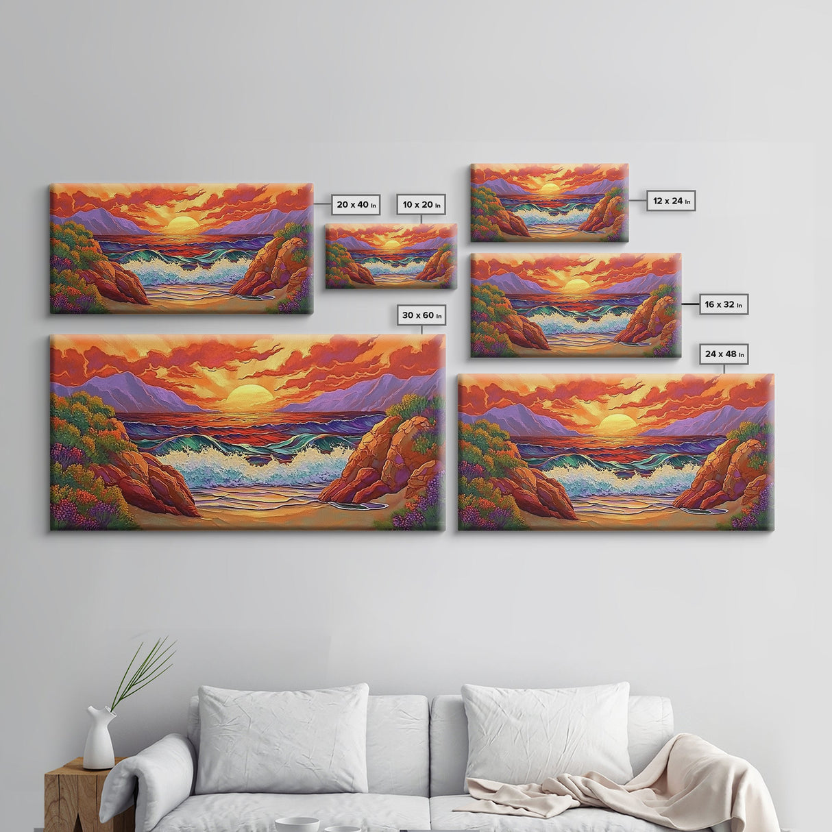 Sunset Waves, Rocks, Framed Canvas Print, Vibrant ocean sunset, crashing waves cliffs painting, Coastal Decor, Beach House Wall Art