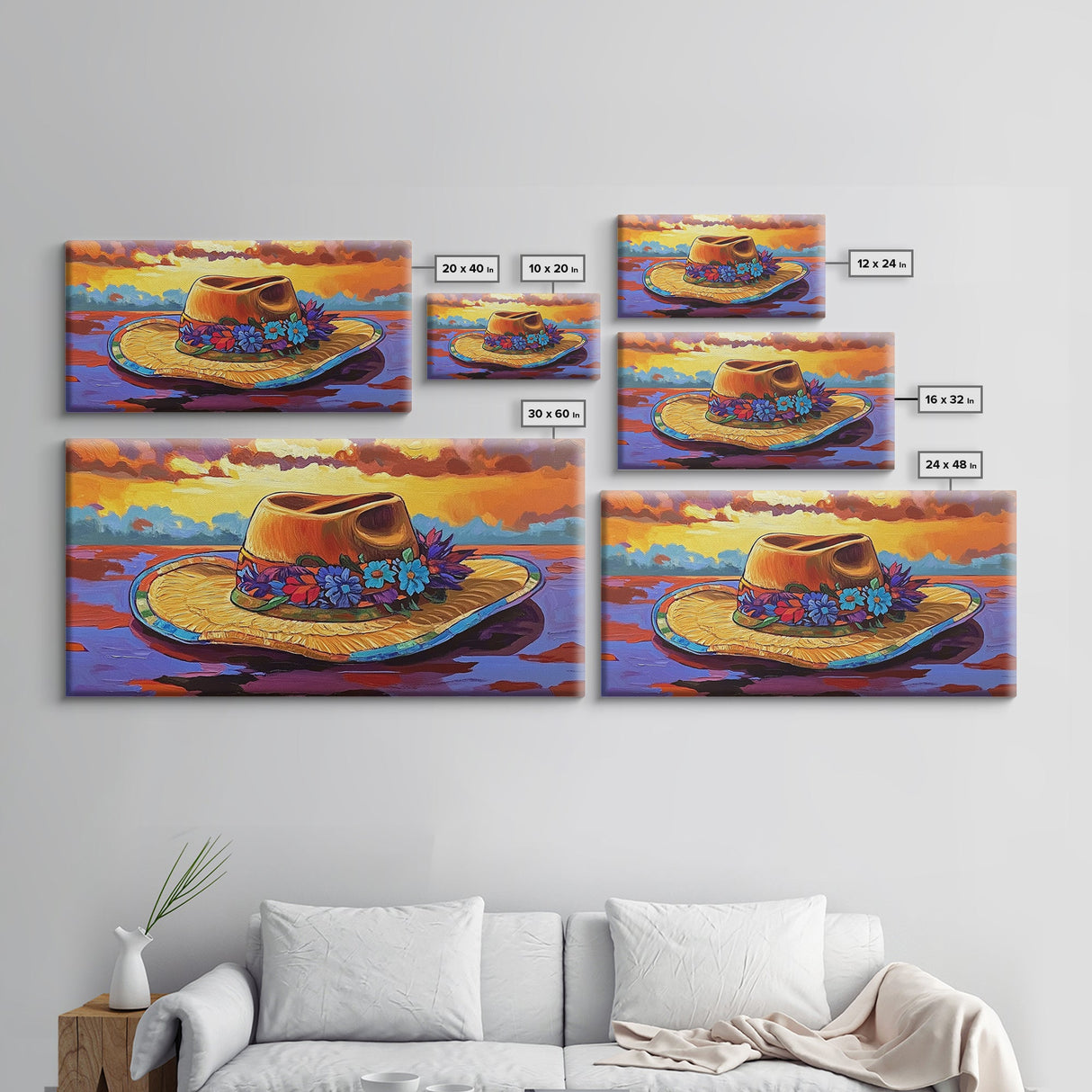 Hat Floral, Sunset, Framed Canvas Print, Boho straw hat with flowers on beach at sunset, Whimsical Summer Art, Entryway Wall Art