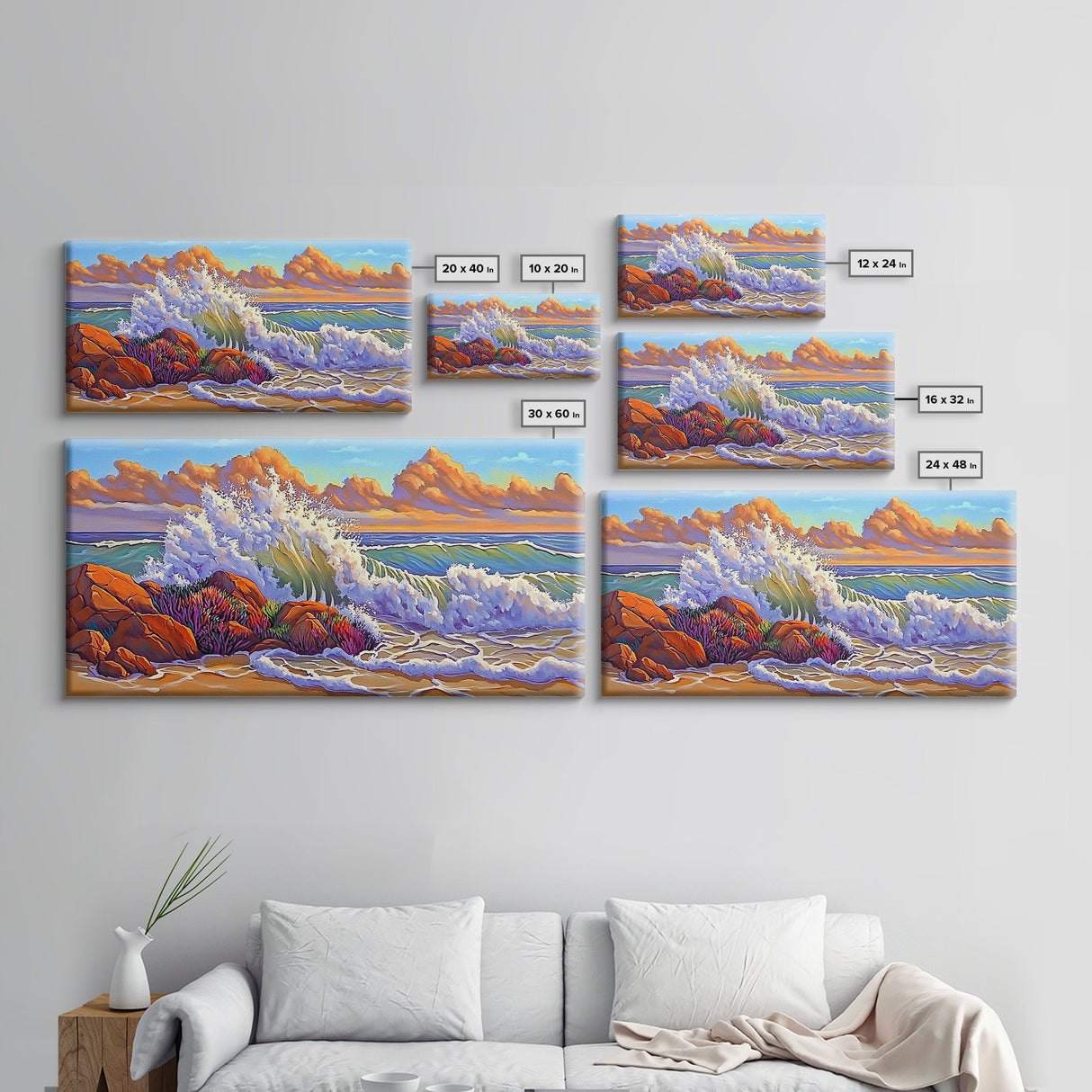 Rocks Waves, Sky, Framed Canvas Print, Majestic ocean wave crashing on rocks under golden clouds, Tropical Seascape, Coastal Living Room