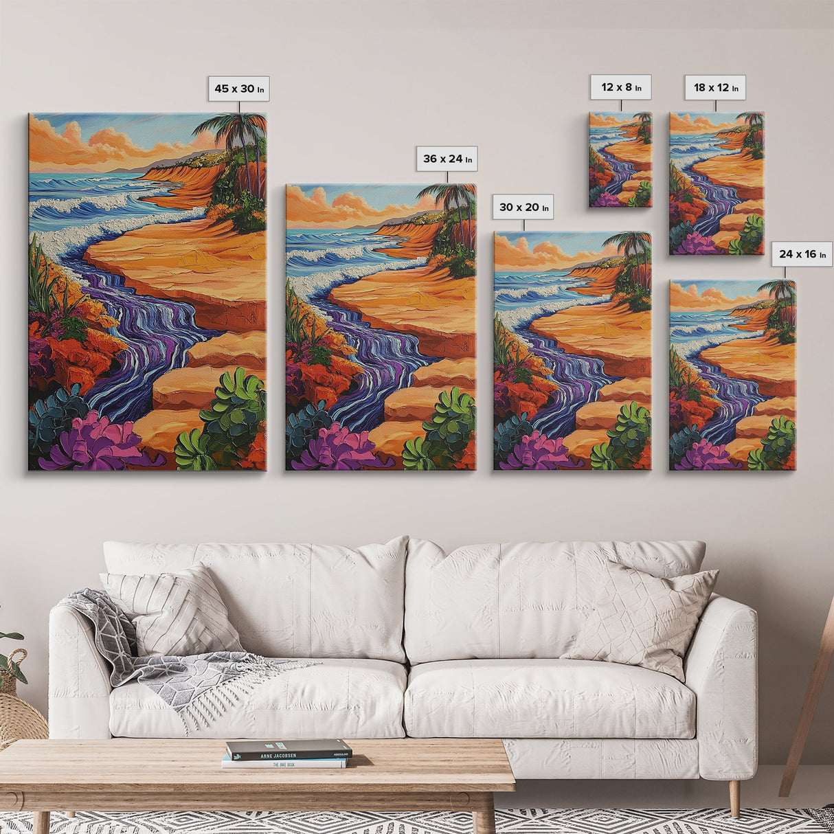 Beach Cliff, Waterfall, Sunset, Canvas Print bold beachside cliff art, ocean waterfall wall decor, coastal boho painting, living room print