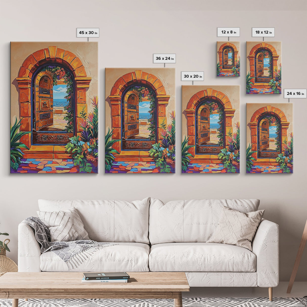 Doorway Ocean, View, Escape, Framed Canvas Print, Mediterranean coastal decor, boho travel wall art, vibrant entryway art, hallway decor