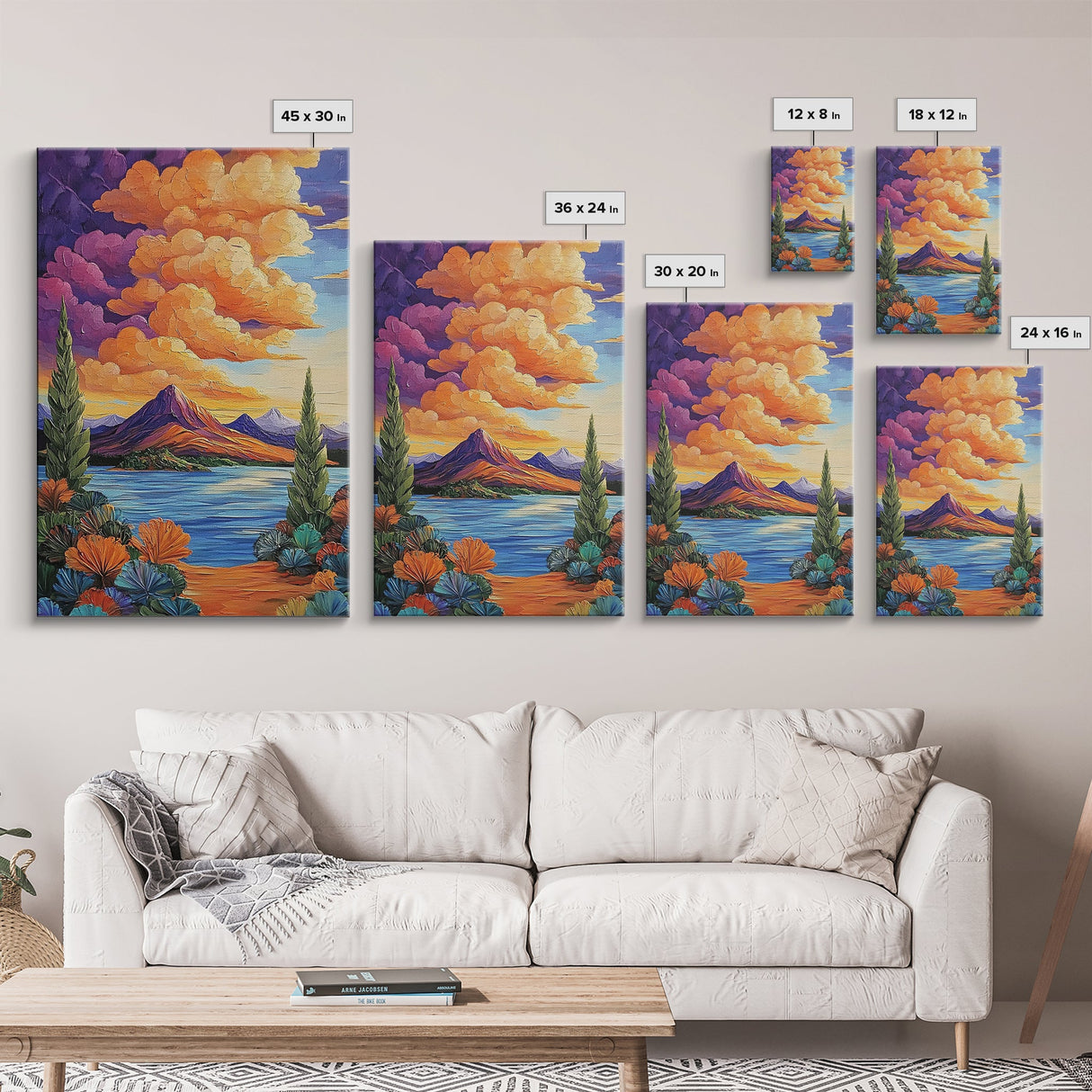 Mountain Lake, Cloudscape, Reflection, Framed Canvas Print, Bold sunset wall art, vibrant color landscape, Cabin or Living Room Wall Art