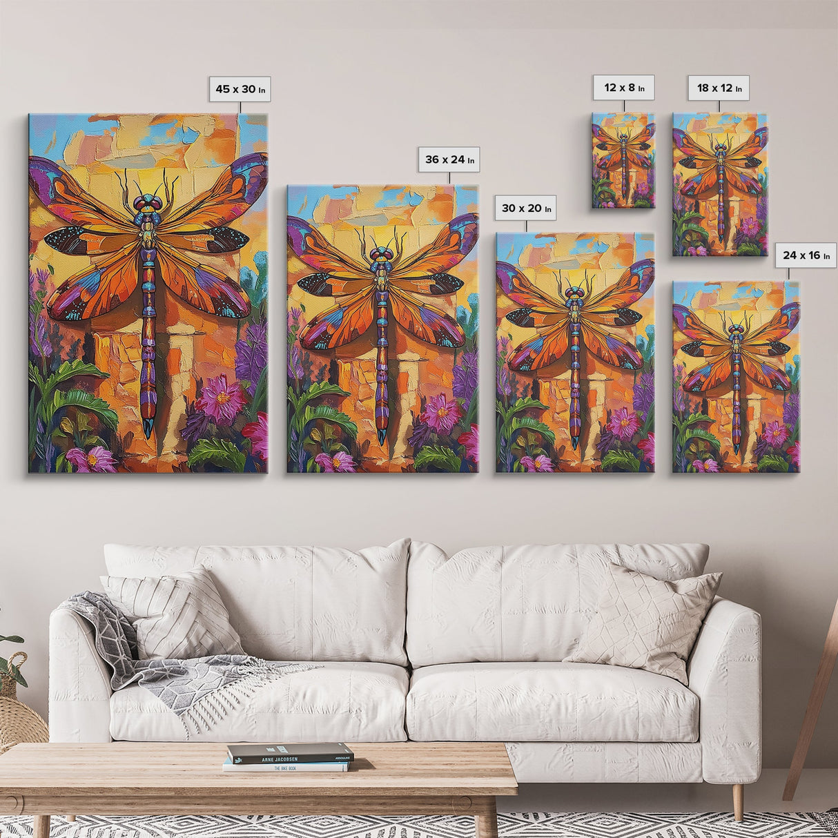 Dragonfly Floral, Bold, Nature, Framed Canvas Print, Boho dragonfly wall art, vivid nature insect painting, Bathroom or Entryway Art