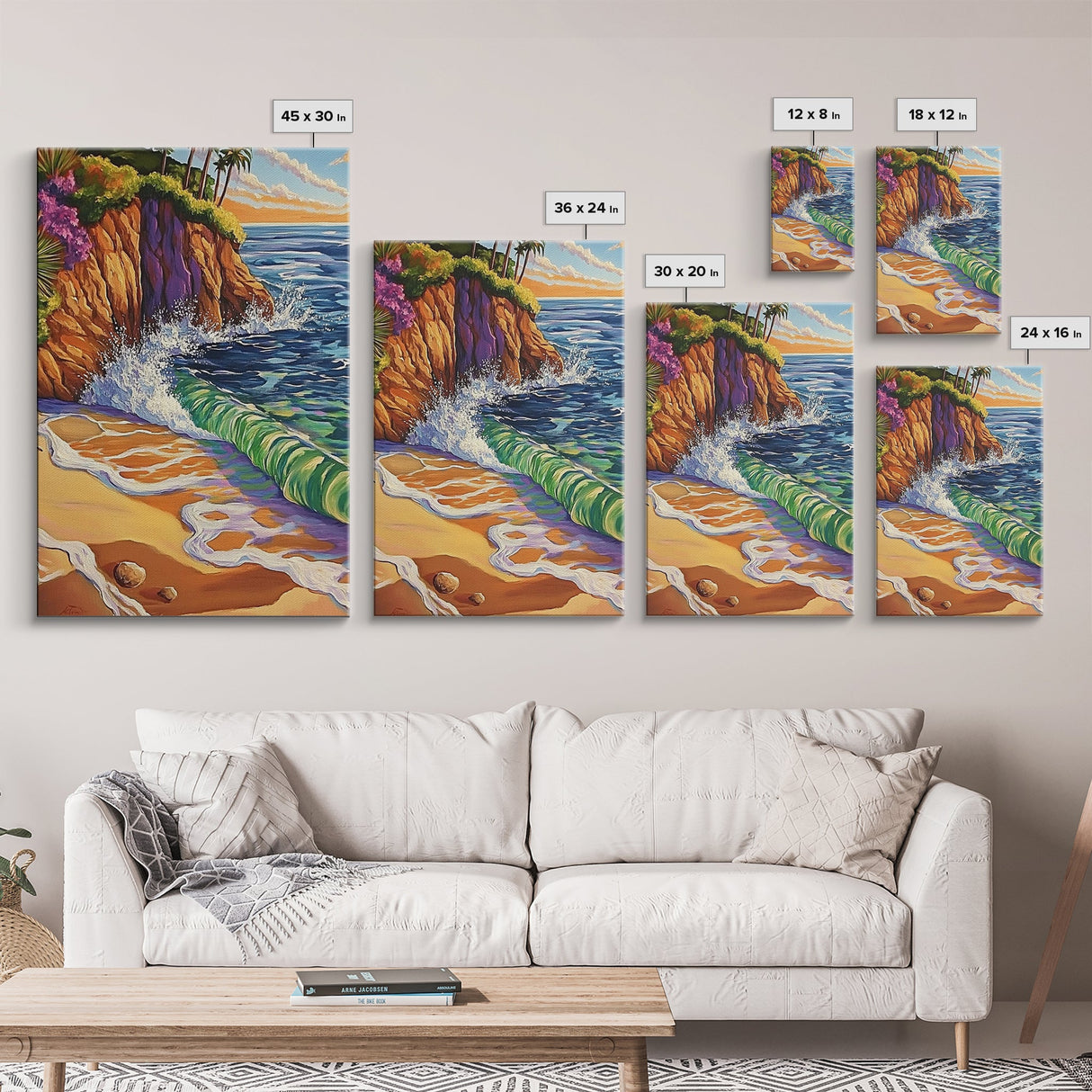 Coastal Sunset, Waves, Color, Canvas Print, Vibrant seascape art, beach house wall décor, boho ocean scene, bathroom wall art