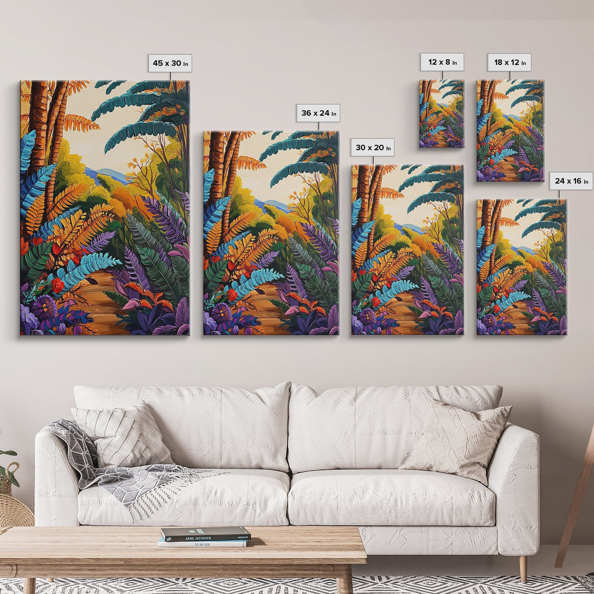 Tropical Jungle, Foliage, Path, Framed Canvas Print, Vibrant Botanical Wall Art, Boho Living Room Decor, Colorful Nature Painting