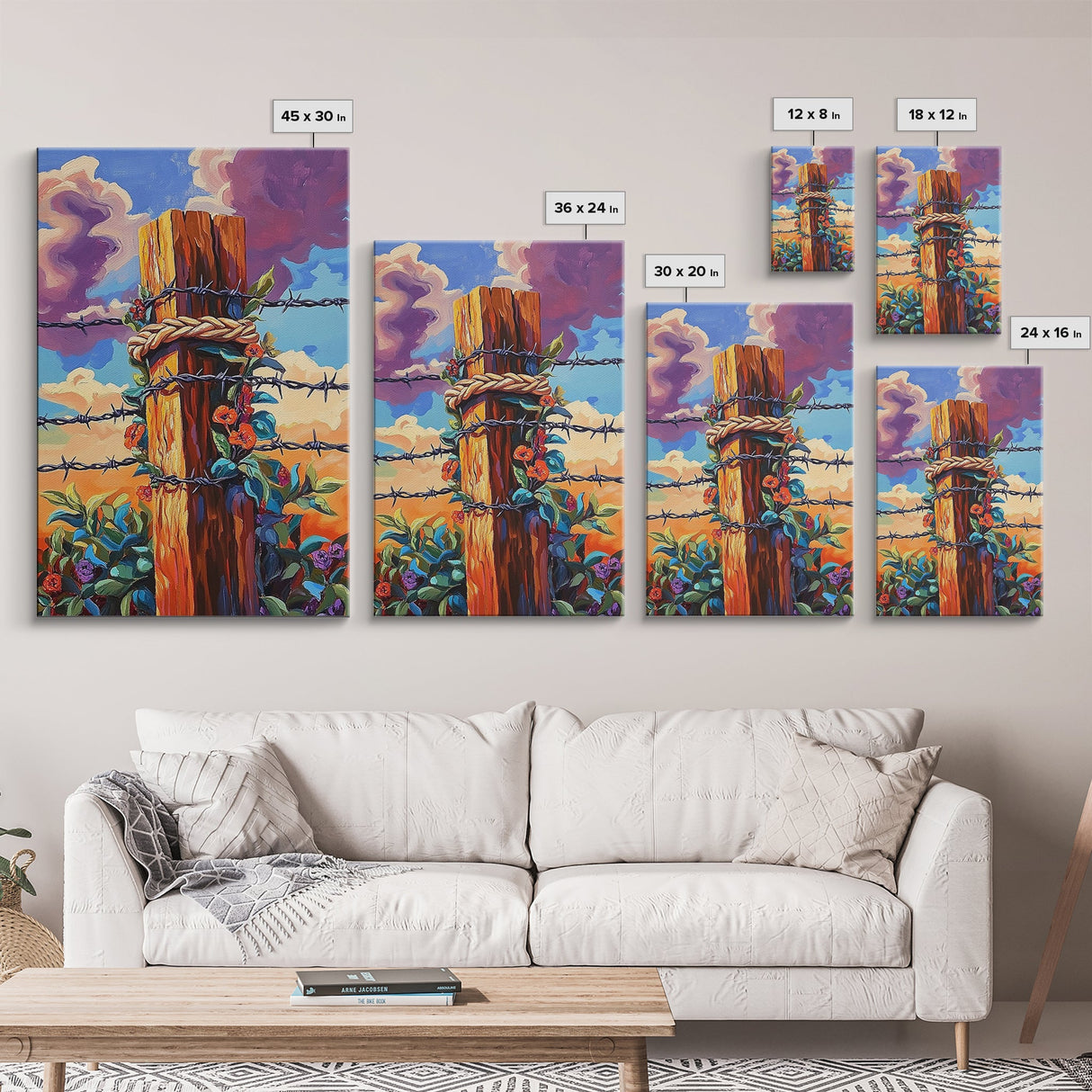 Fence Flowers, Sky, Bold, Framed Canvas Print, western barbed wire wall art, farmhouse boho style, sunset rustic decor, entryway or den