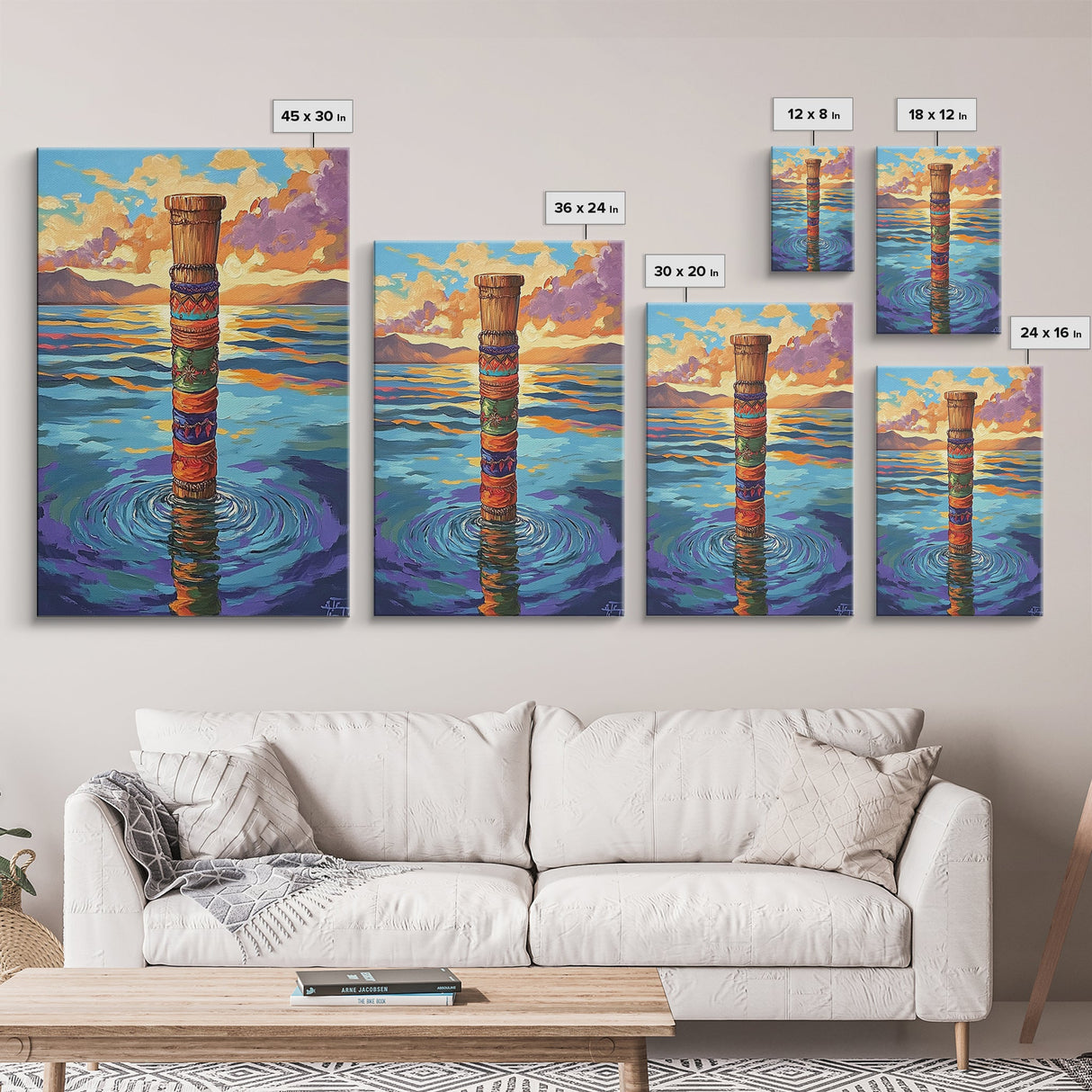 Tribal Water, Pole, Peaceful, Framed Canvas Print tranquil ocean pole artwork, tribal inspired sea painting, boho decor, hallway wall art