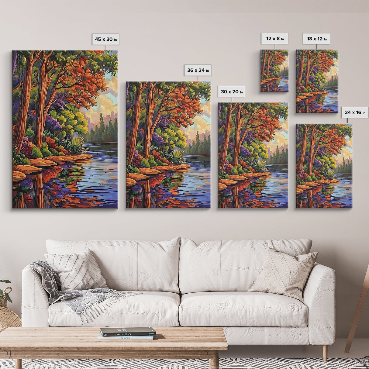 Forest Reflection, Autumn, Tranquil, Framed Canvas Print, peaceful forest reflection painting, Fall canvas wall art, nature living room decor