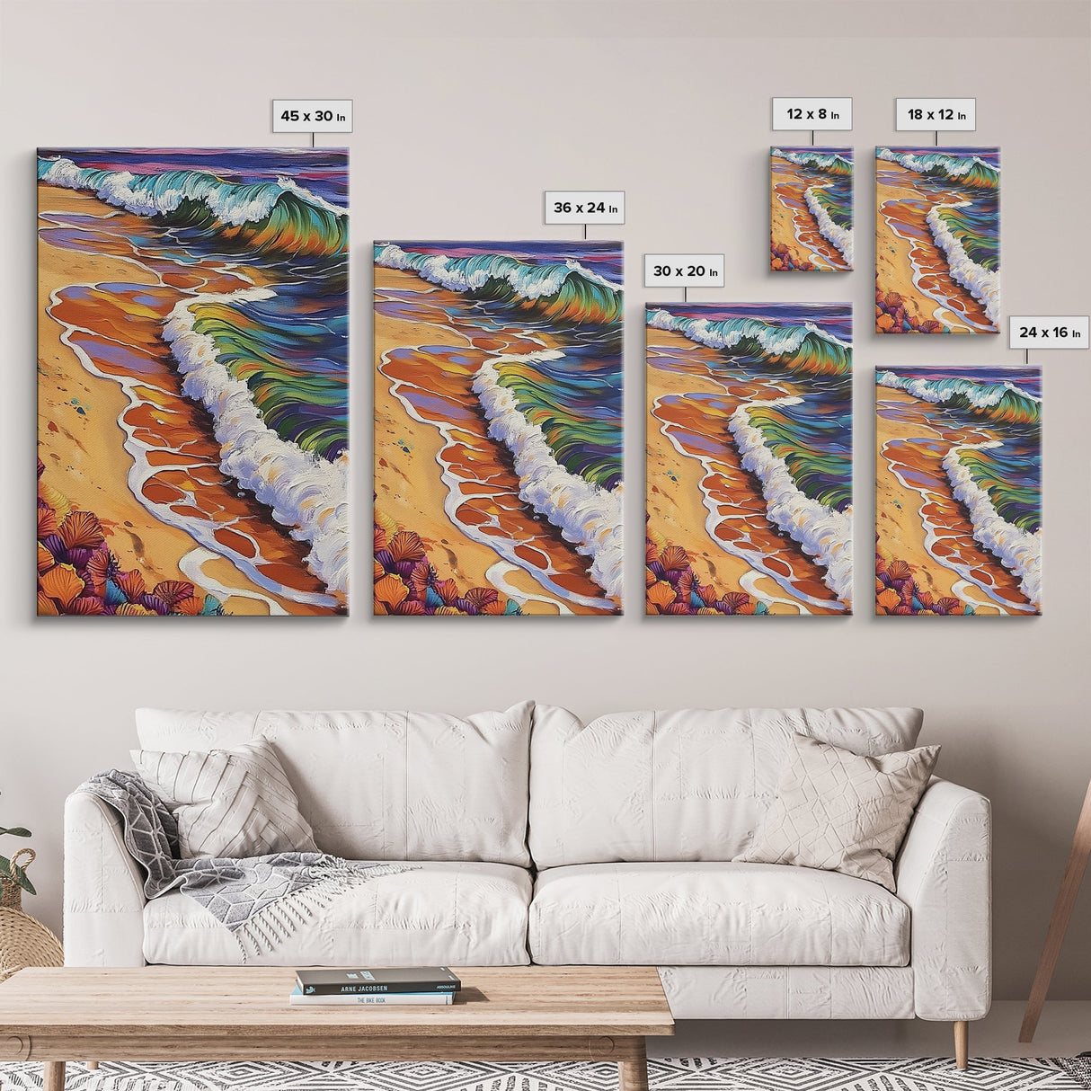 Beach Waves, Sunset, Framed Canvas Print, Vibrant Coastal Wall Art, Tropical Ocean Decor, Colorful Living Room Wall Art, Boho Beach Print