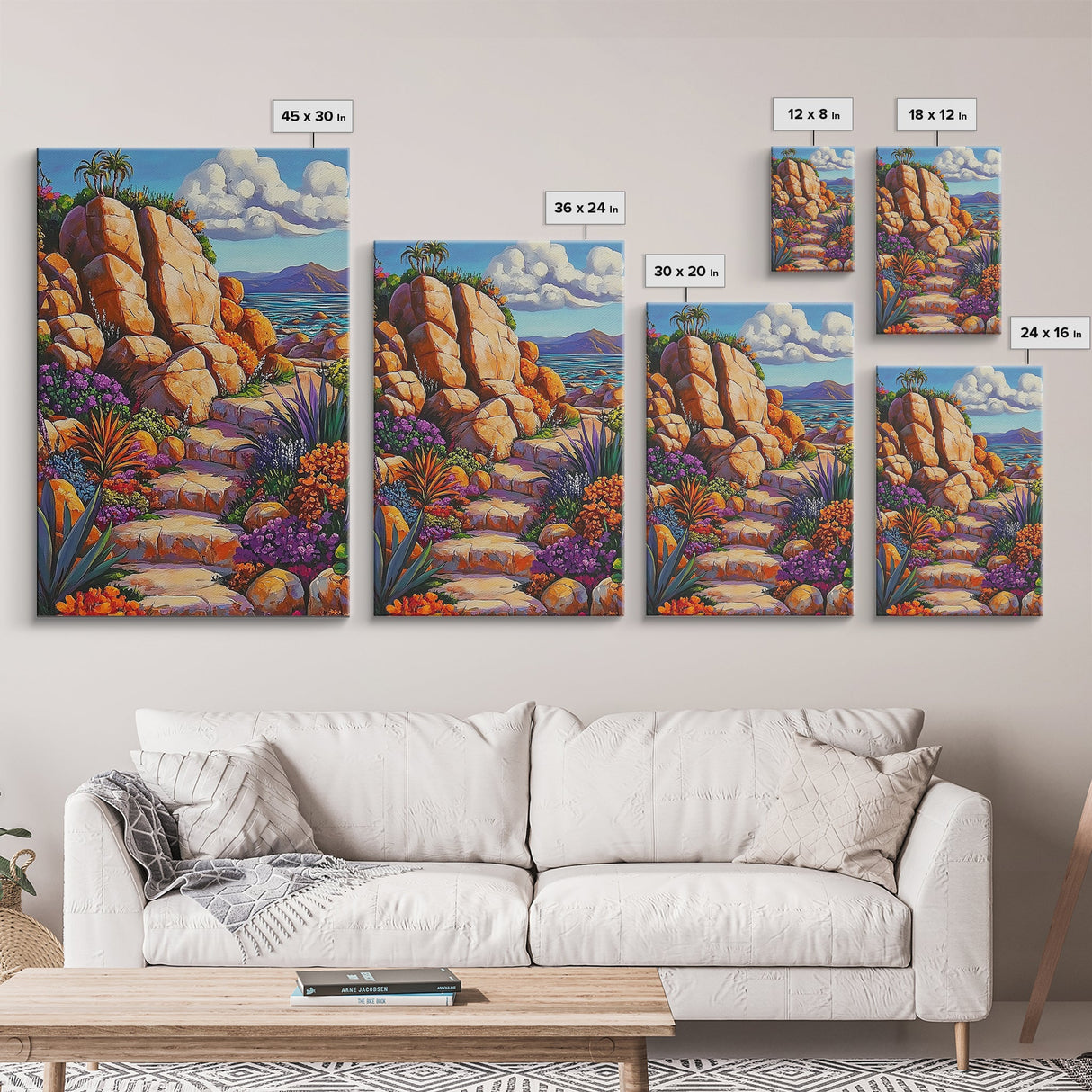 Rocky Pathway, Flowers, Framed Canvas Print, Vibrant Desert Trail Art, Colorful Landscape Wall Decor, Boho Living Room Wall Art