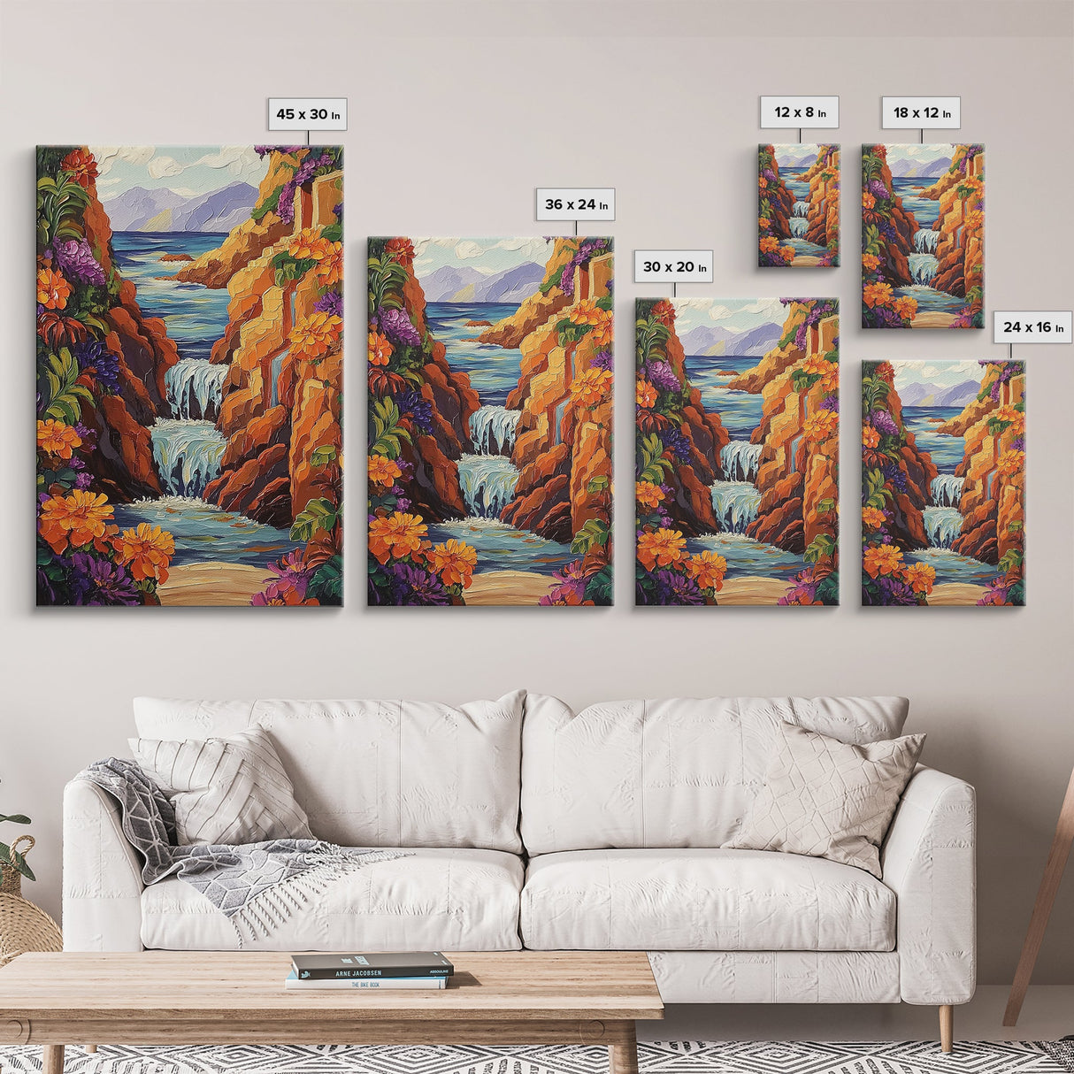 Waterfall Cliffs, Ocean, Framed Canvas Print, Tropical Canyon Wall Art, Colorful Nature Inspired Decor, Bathroom art, Entryway Wall Art