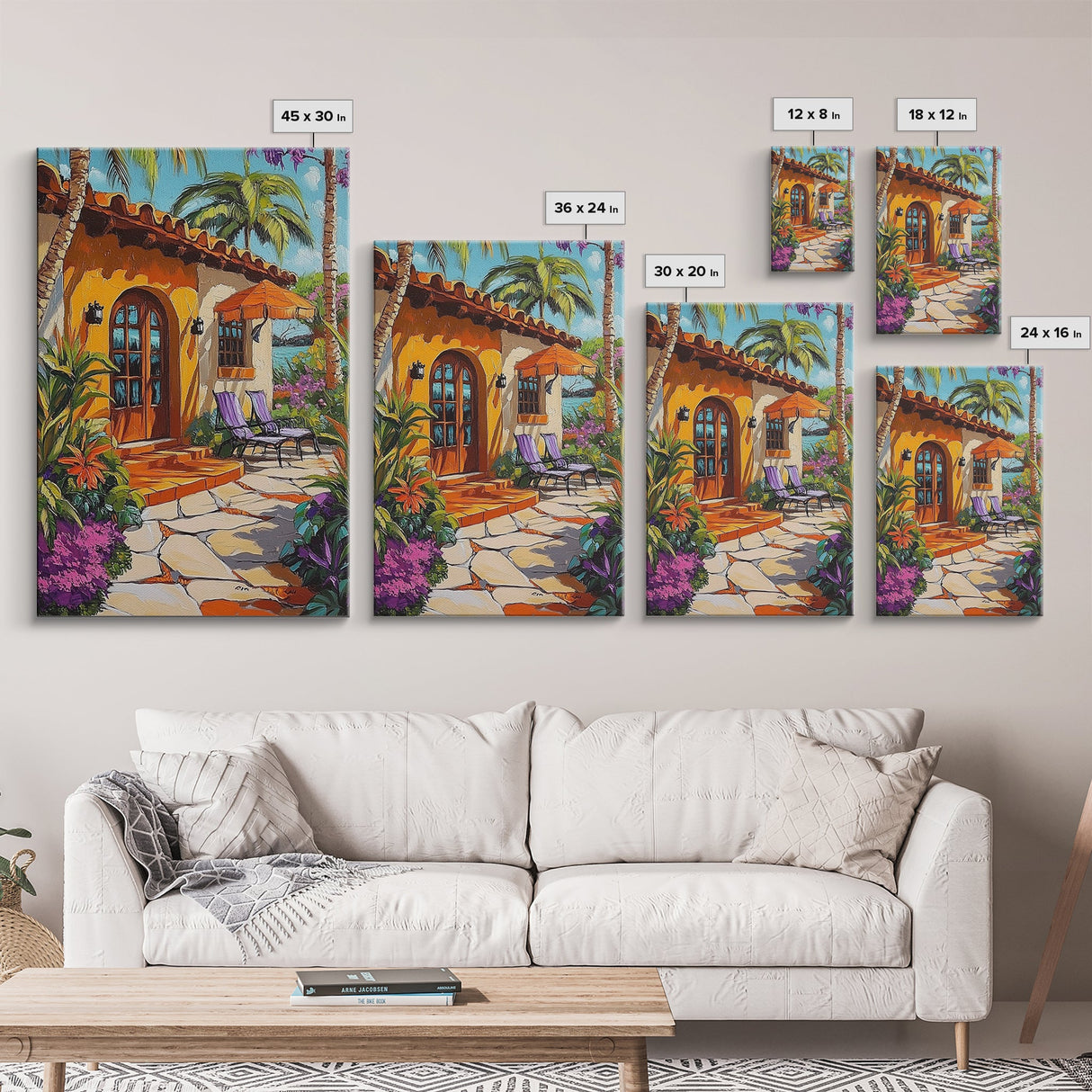 Villa Poolside, Palm, Paradise, Framed Canvas Print, tropical patio wall art, coastal Mediterranean decor, outdoor relaxation art, boho vibe