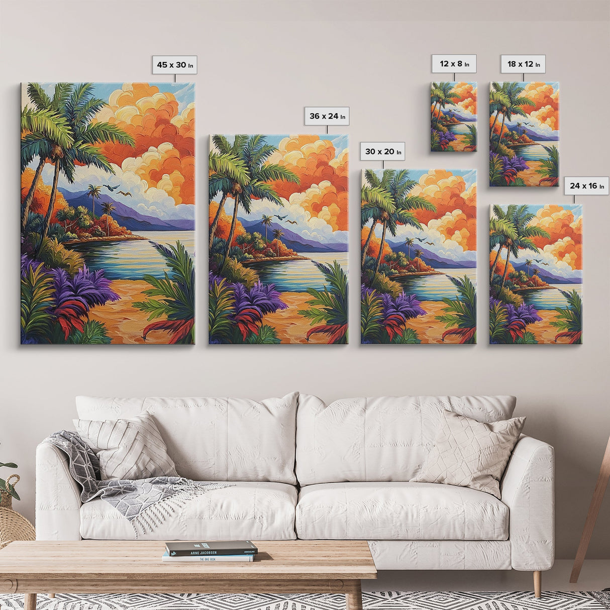 Sunset Palms, Ocean, Autumn, Framed Canvas Print coastal tropical wall art, bold sunset palm decor, boho living room art, beach house vibe
