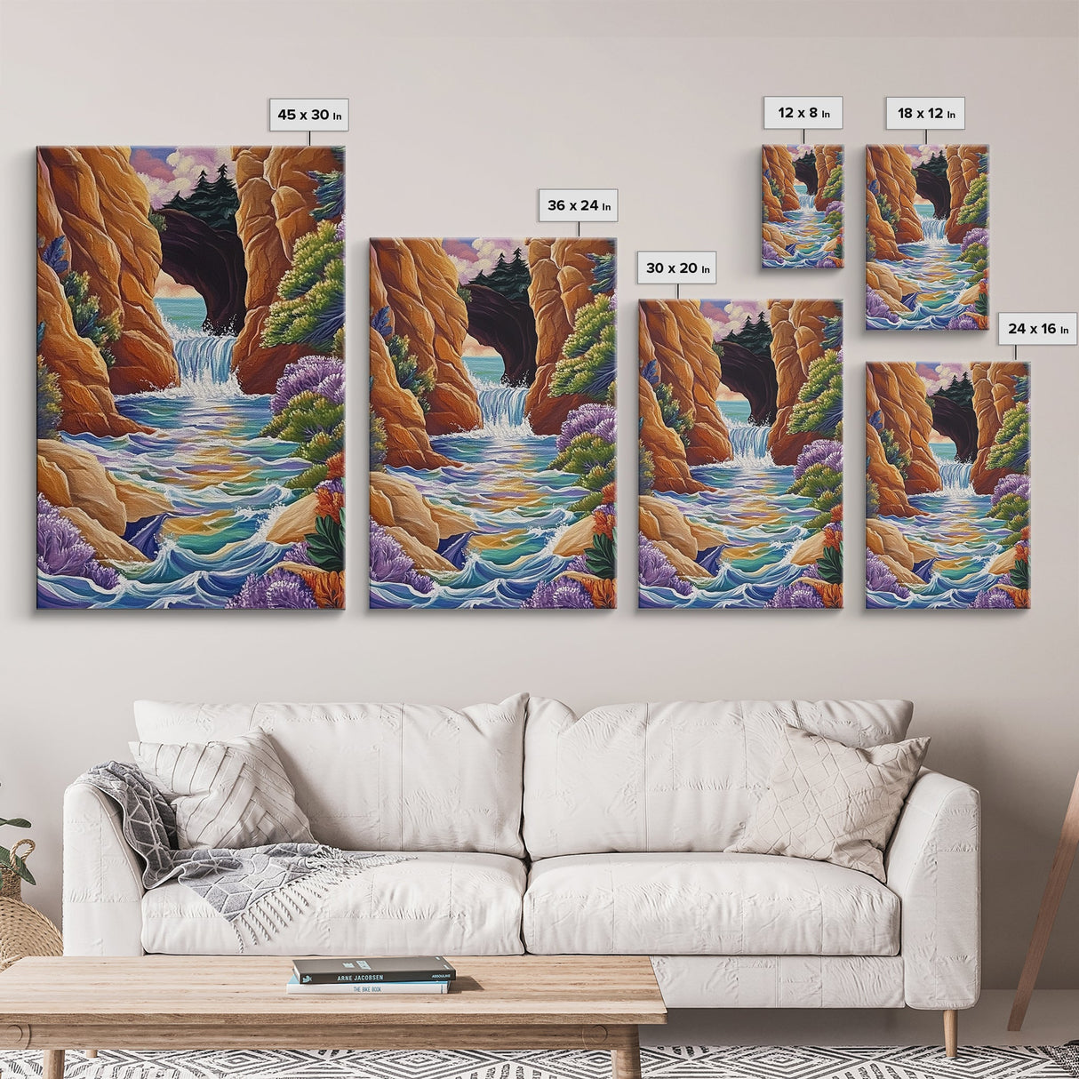 Waterfall Arch, Canyon, Coastal, Framed Canvas Print dramatic coastal waterfall painting, colorful canyon ocean view, nature boho decor