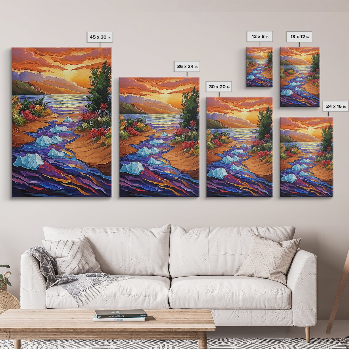Icebergs River, Sunset, Autumn, Framed Canvas Print colorful autumn iceberg painting, vibrant sunset water flow, fall landscape wall art