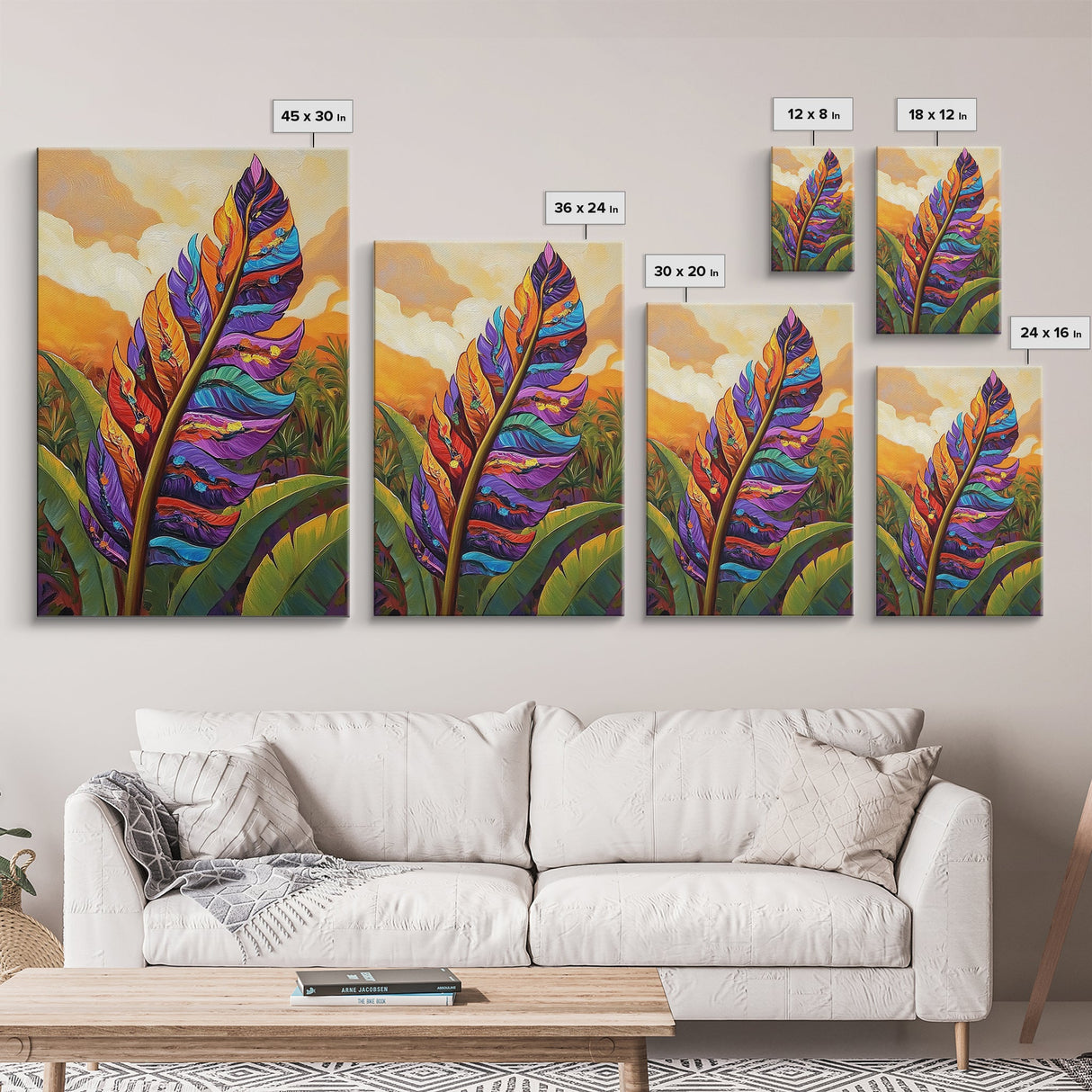 Tropical Feather, Sunset, Boho, Framed Canvas Print, Tropical Feather Wall Art, Sunset Jungle Decor, Boho Botanical Artwork, Bedroom Accent