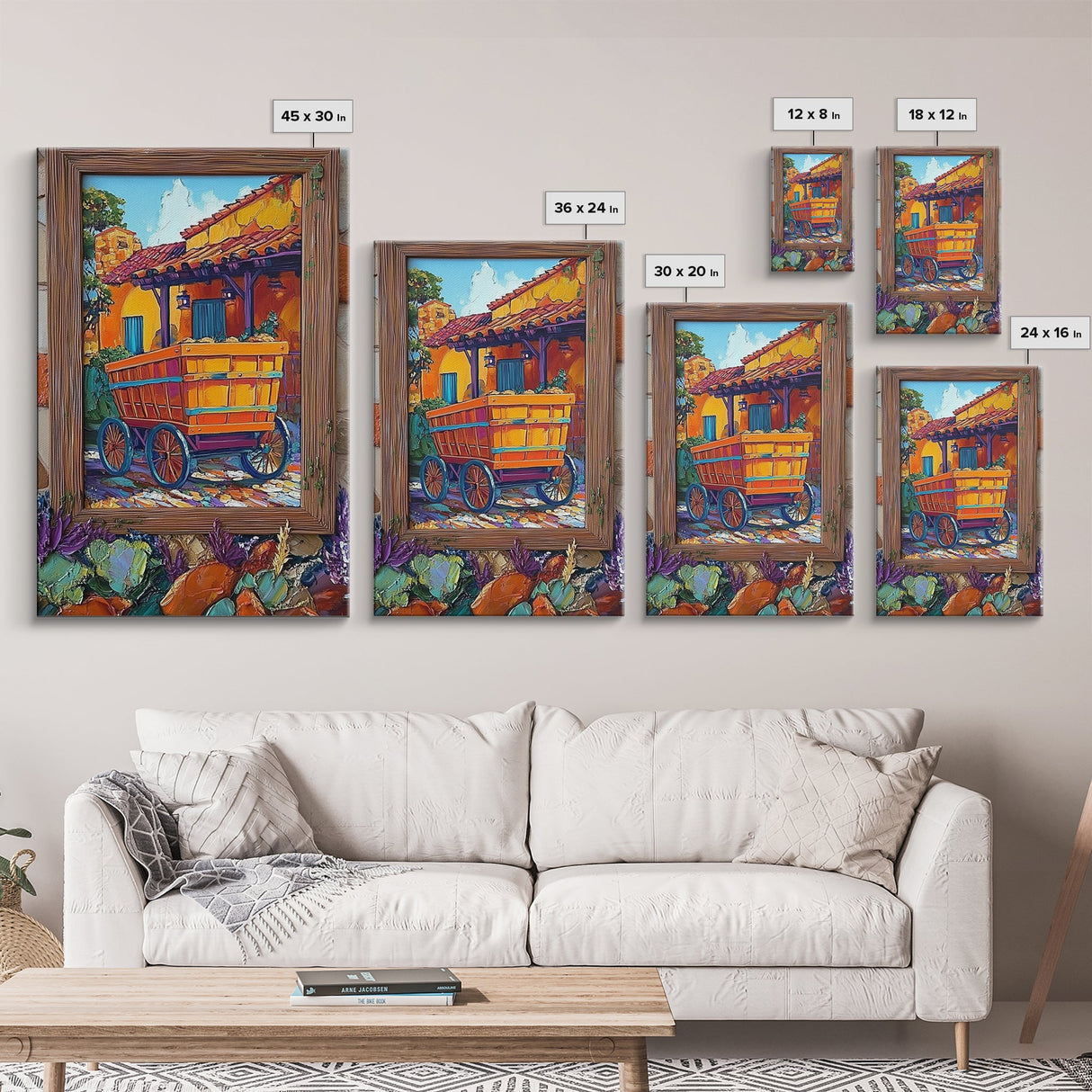 Rustic Wagon, Village, Colorful House Framed Canvas Print, Southwest Home Decor, Farmhouse Kitchen Wall Art, Mexican Art Style