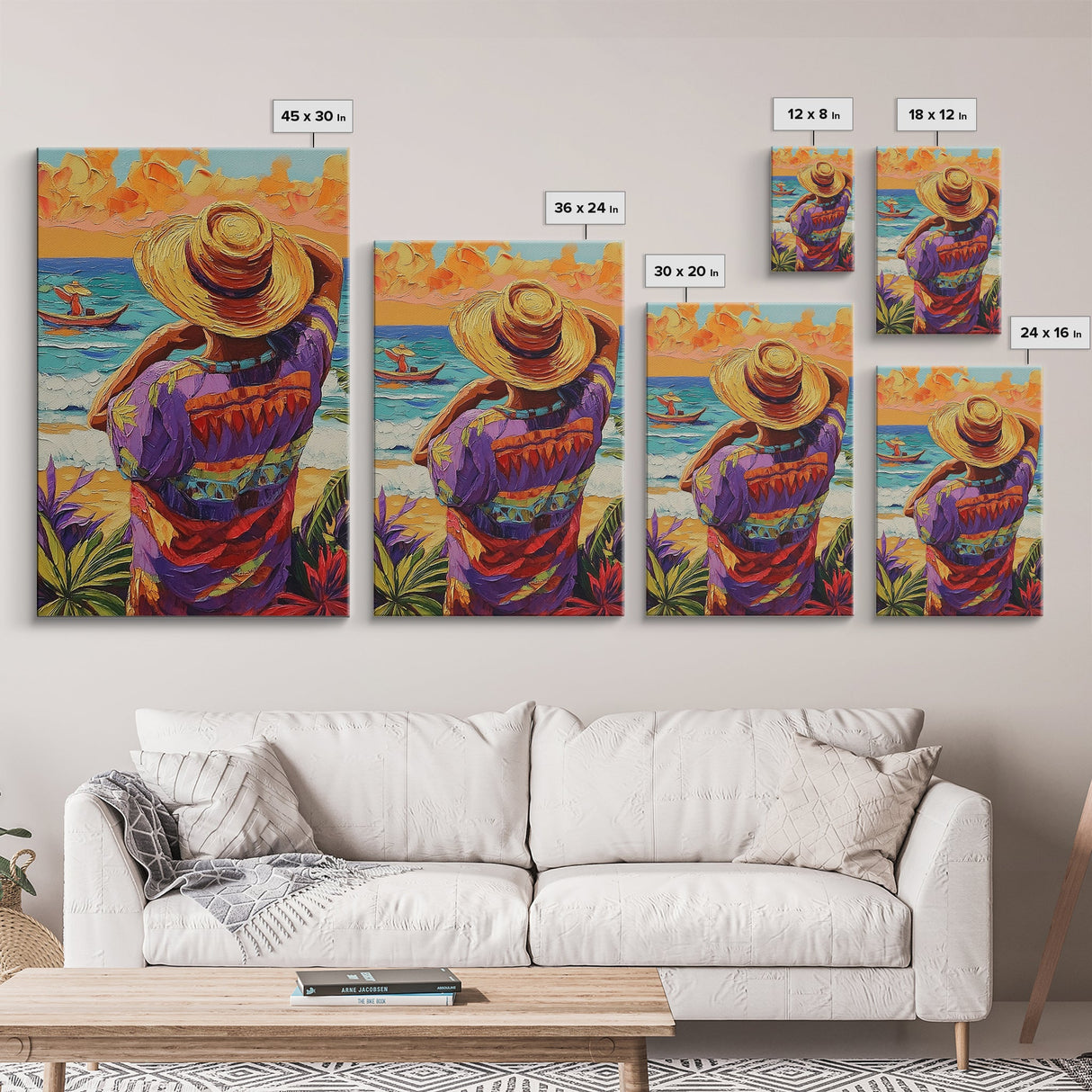 Seaside Man, Sunset, Framed Canvas Print, Vibrant beach artwork, coastal boho decor, hallway wall art, Mexico travel scene painting