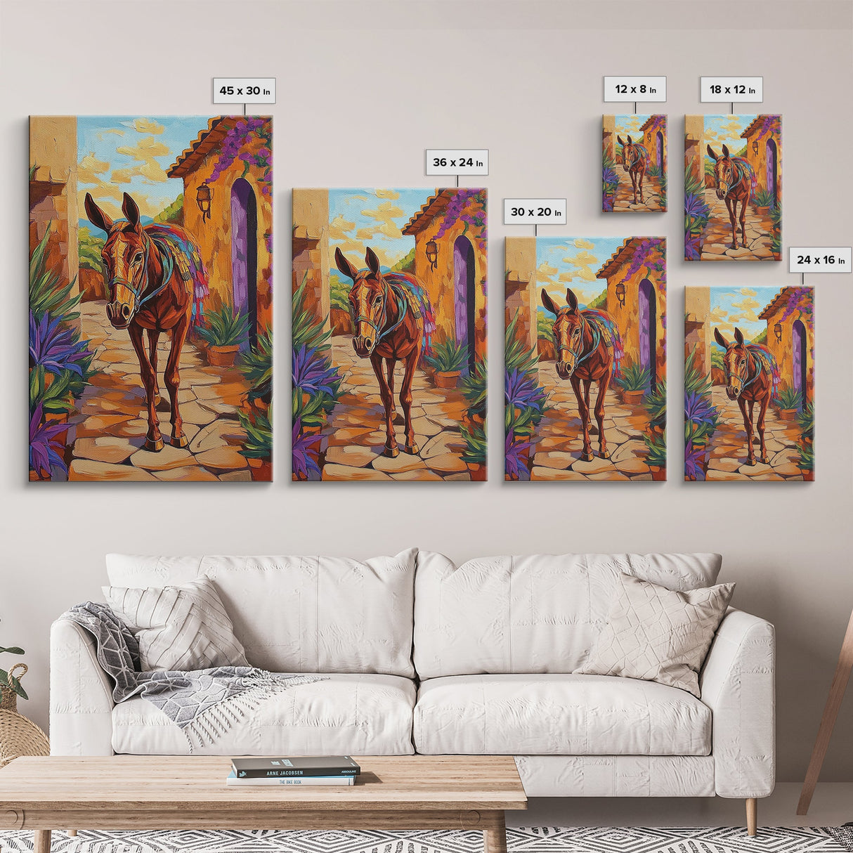 Donkey Village, Rustic, Whimsy, Framed Canvas Print, Southwestern Farmhouse Decor, Colorful Animal Wall Art, Entryway Accent Piece